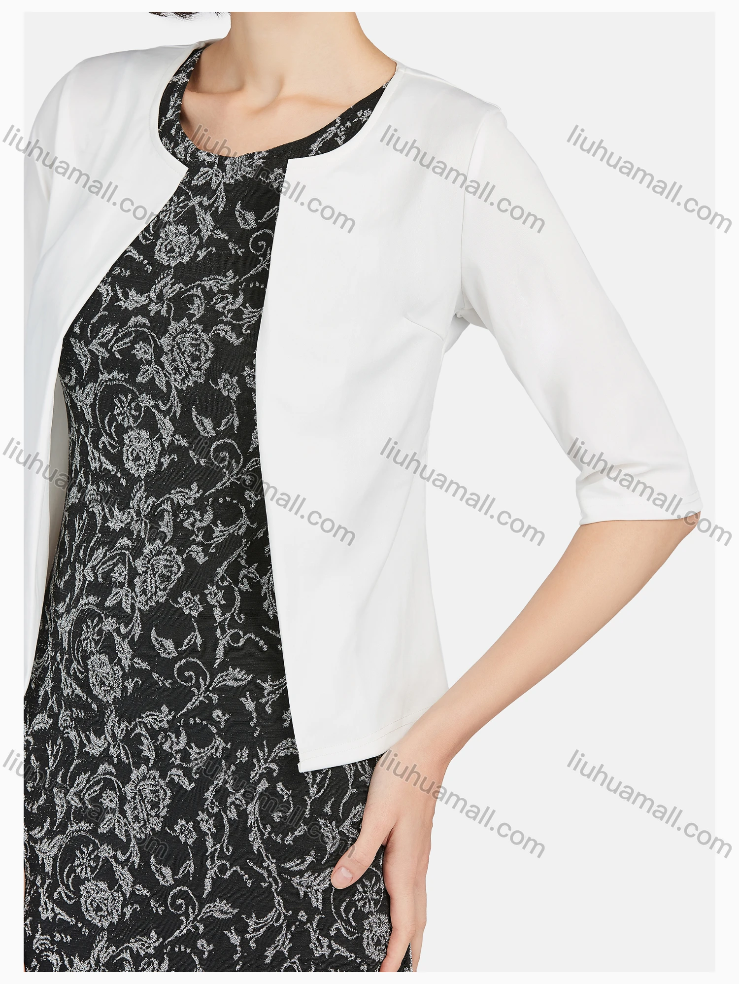 Wholesale Women's Casual Lace Sleeve Jacquard Dress & Plain Cardigan Set - Liuhuamall