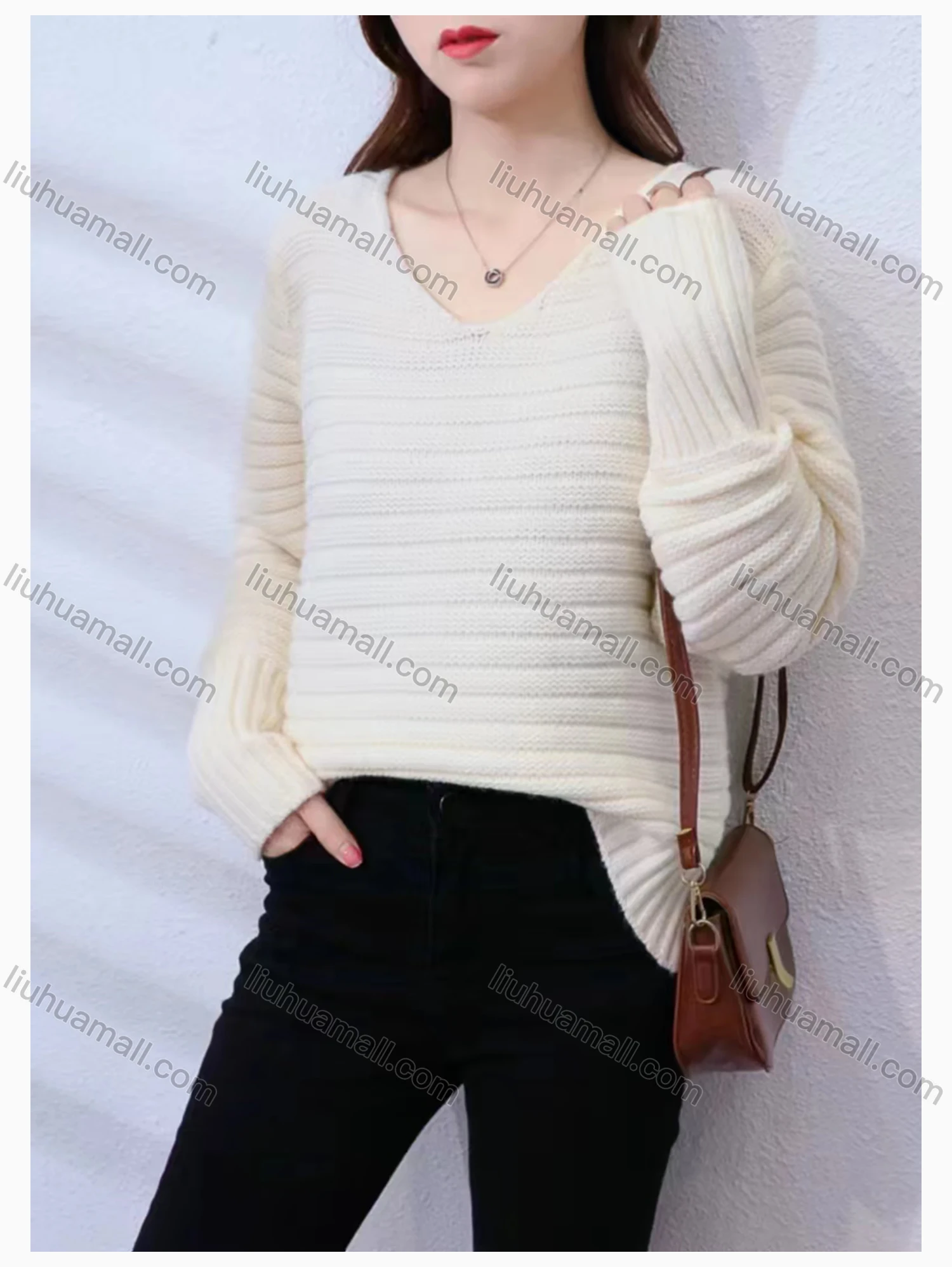 Wholesale Women's Casual V Neck Plain Rib-knit Sweater - Liuhuamall