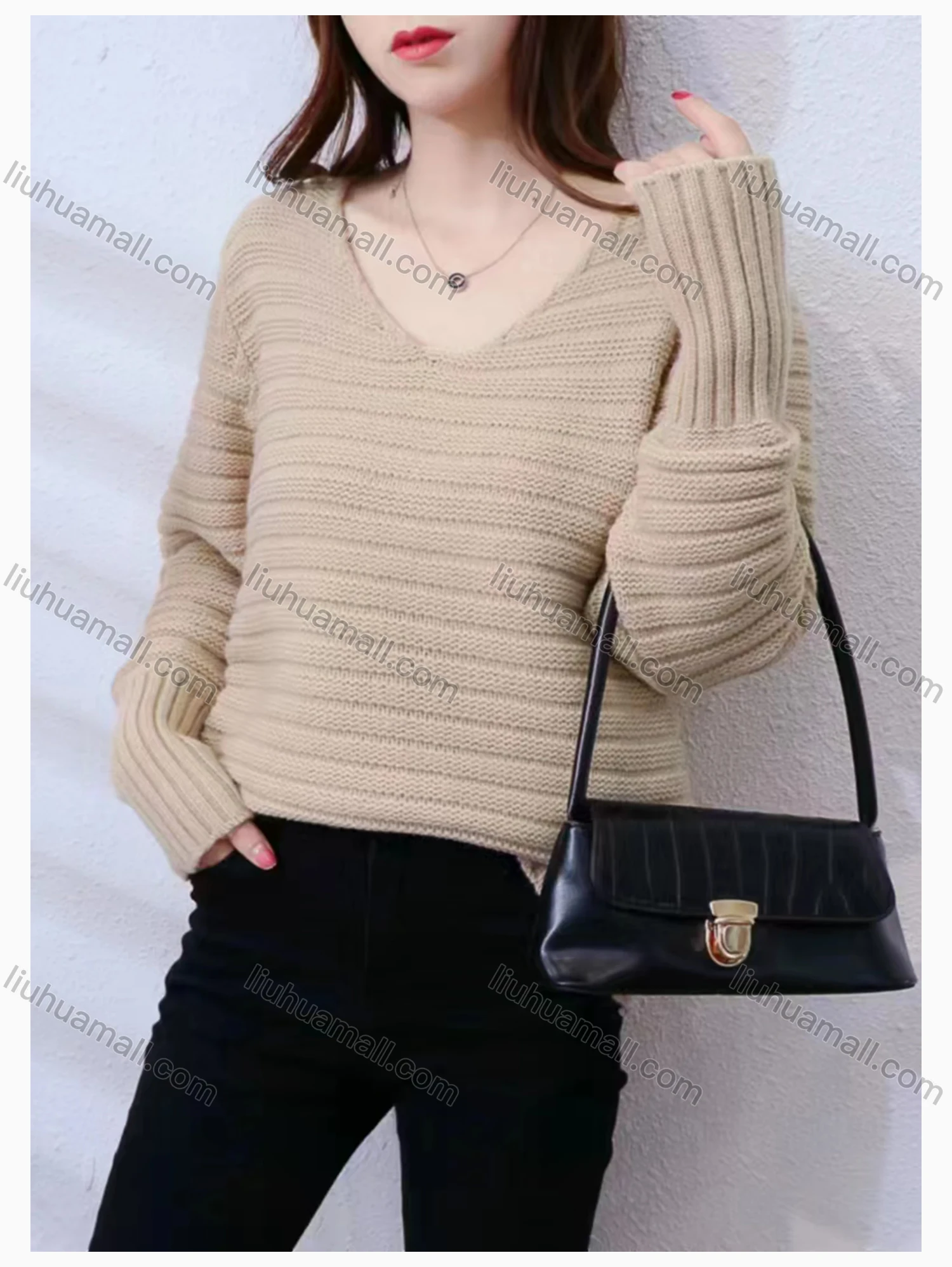 Wholesale Women's Casual V Neck Plain Rib-knit Sweater - Liuhuamall