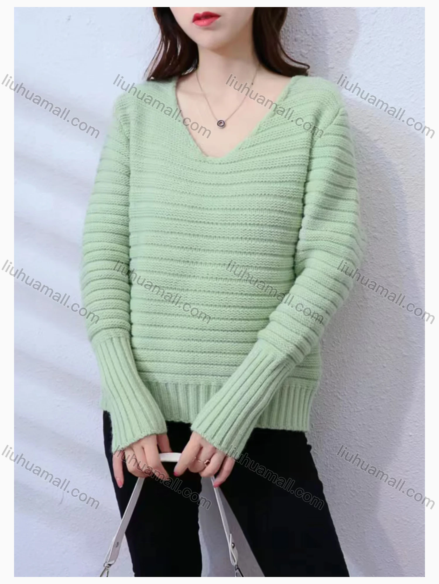 Wholesale Women's Casual V Neck Plain Rib-knit Sweater - Liuhuamall