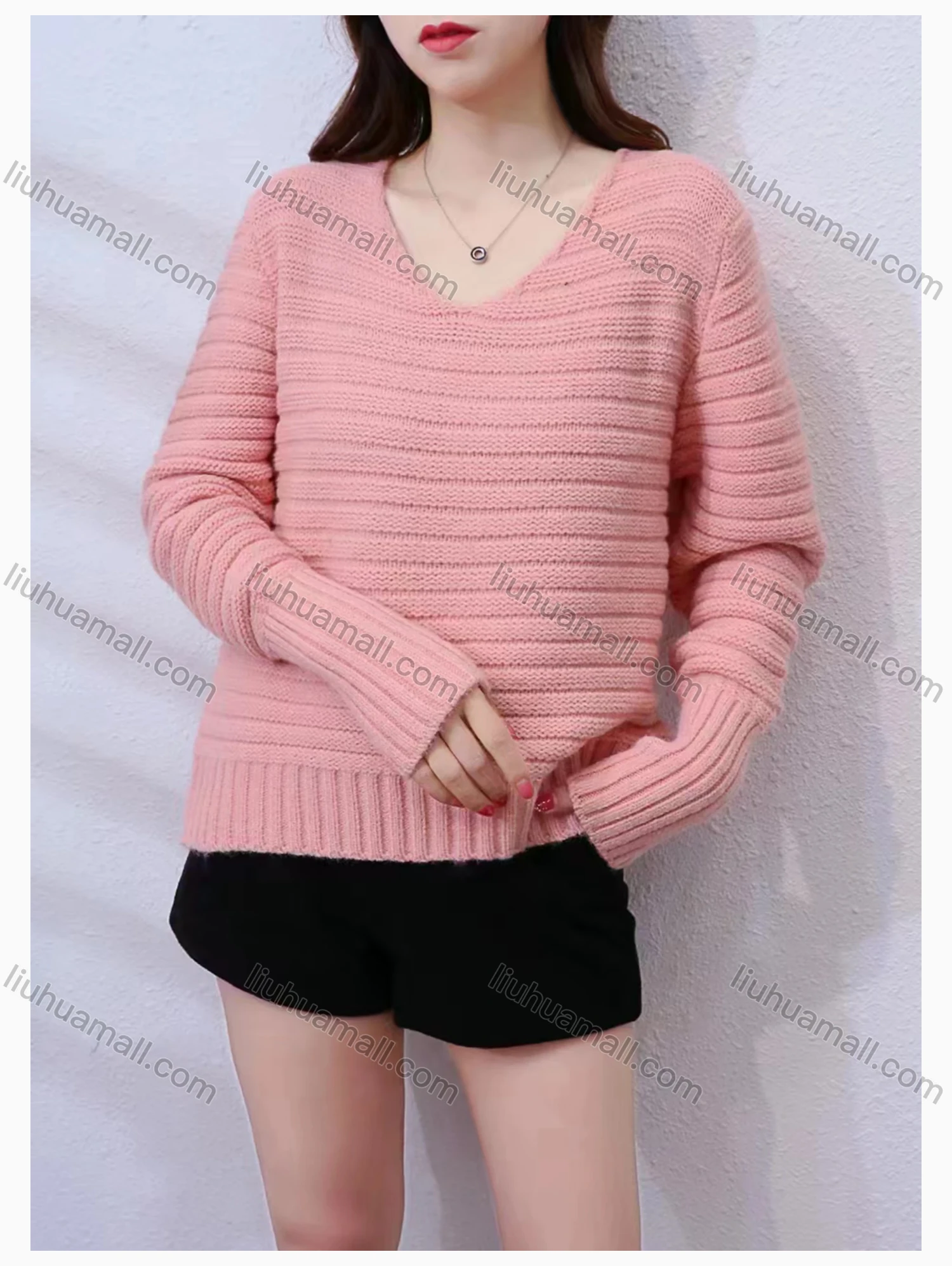 Wholesale Women's Casual V Neck Plain Rib-knit Sweater - Liuhuamall