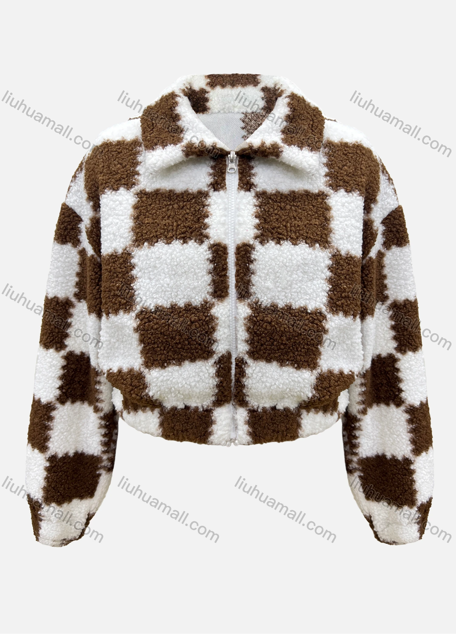 Wholesale Women's Casual Checkerboard Print Zipper Long Sleeve Crop Fluffy Jacket - Liuhuamall
