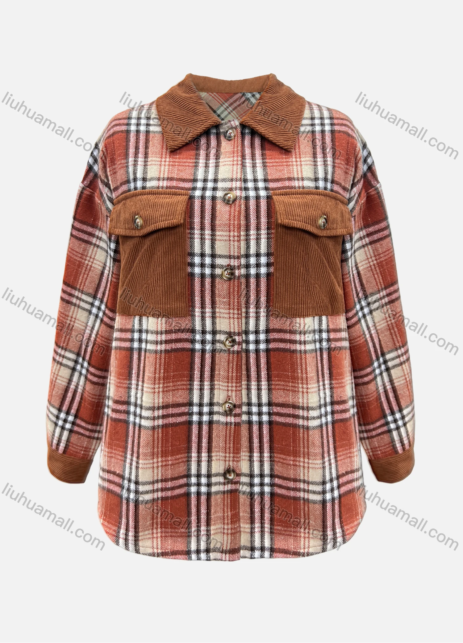 Wholesale Women's Casual Corduroy Splicing Plaid Print Long Sleeve Patch Pockets Overshirt - Liuhuamall