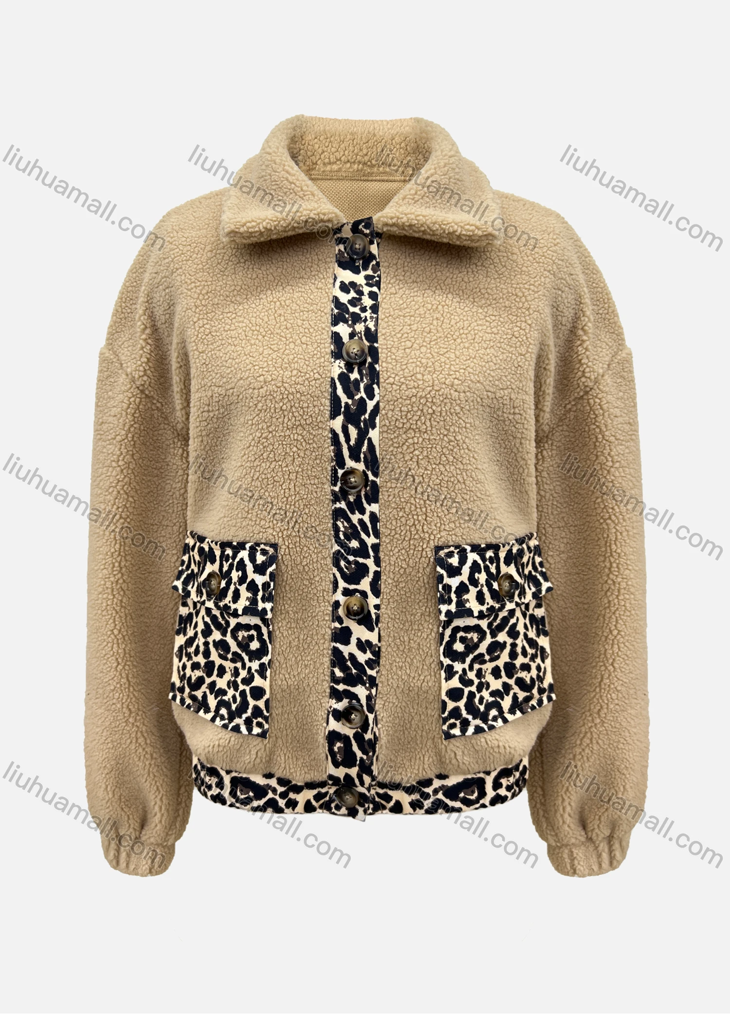 Wholesale Women's Casual Splicing Leopard Print Button Down Flap Pockets Fluffy Jacket - Liuhuamall