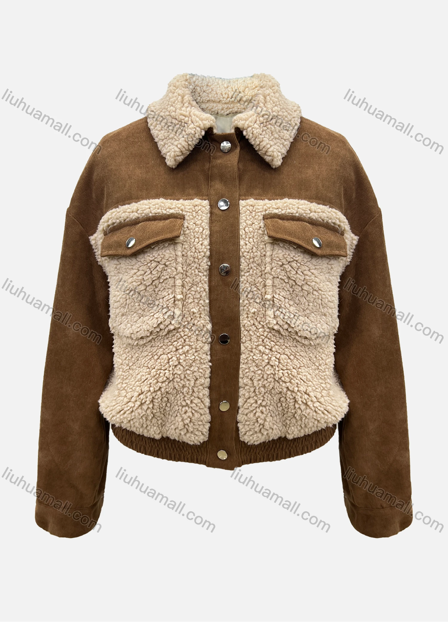 Wholesale Women's Casual Corduroy Splicing Fluff Button Down Flap Pockets Crop Fluffy Jacket - Liuhuamall