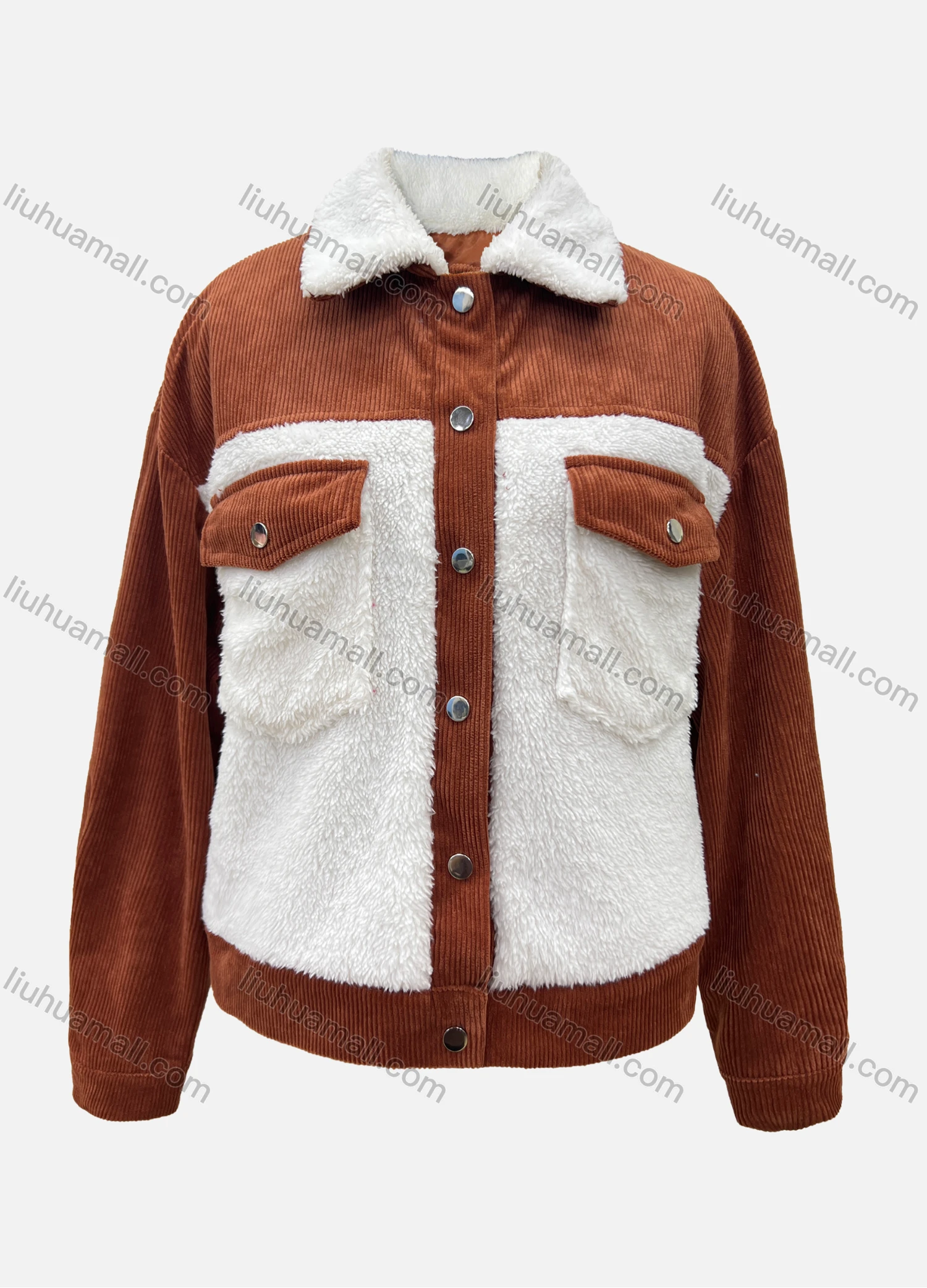 Wholesale Women's Casual Splicing Fluff Button Down Flap Pockets Fluffy Jacket - Liuhuamall