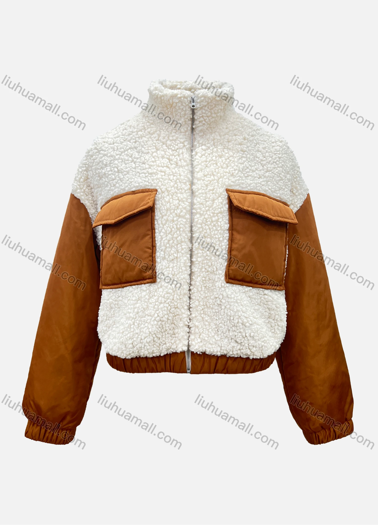 Wholesale Women's Casual Stand Collar Splicing Zipper Flap Pocket Crop Fluffy Jacket - Liuhuamall