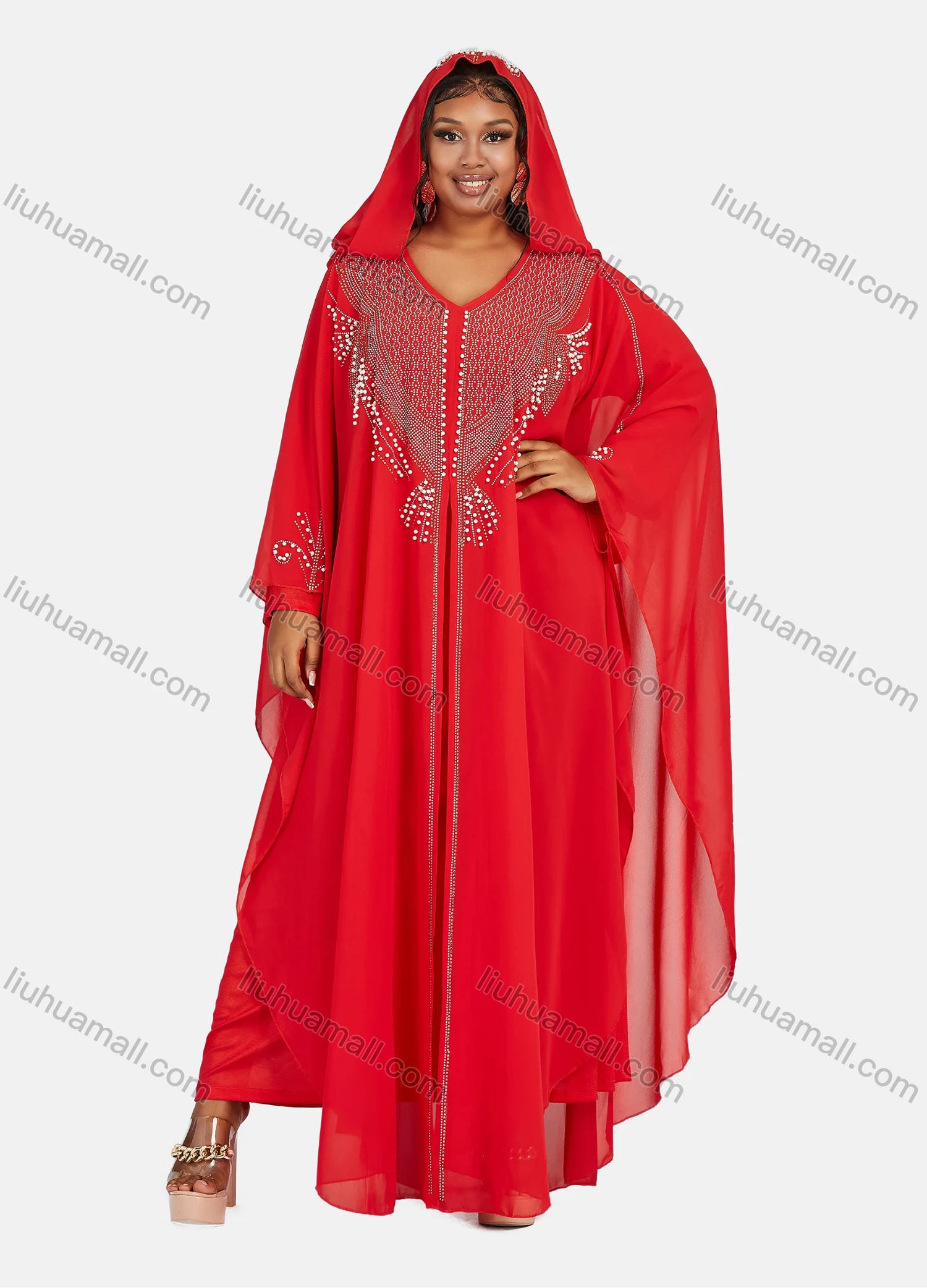 Wholesale Women's Chiffon Vintage Muslim Khimar Jellabiya Sequin Hooded Abaya Cloak - Liuhuamall
