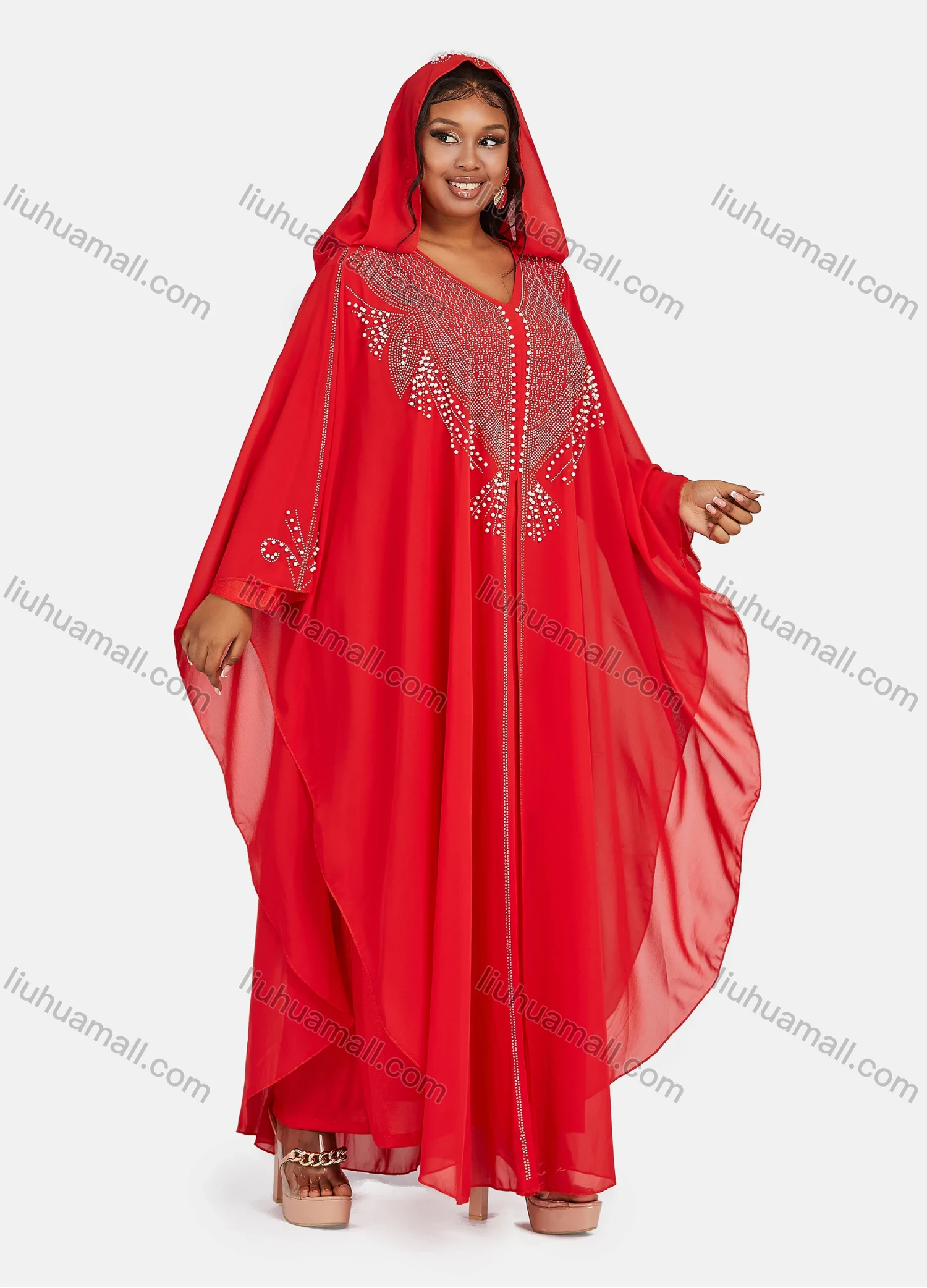Wholesale Women's Chiffon Vintage Muslim Khimar Jellabiya Sequin Hooded Abaya Cloak - Liuhuamall