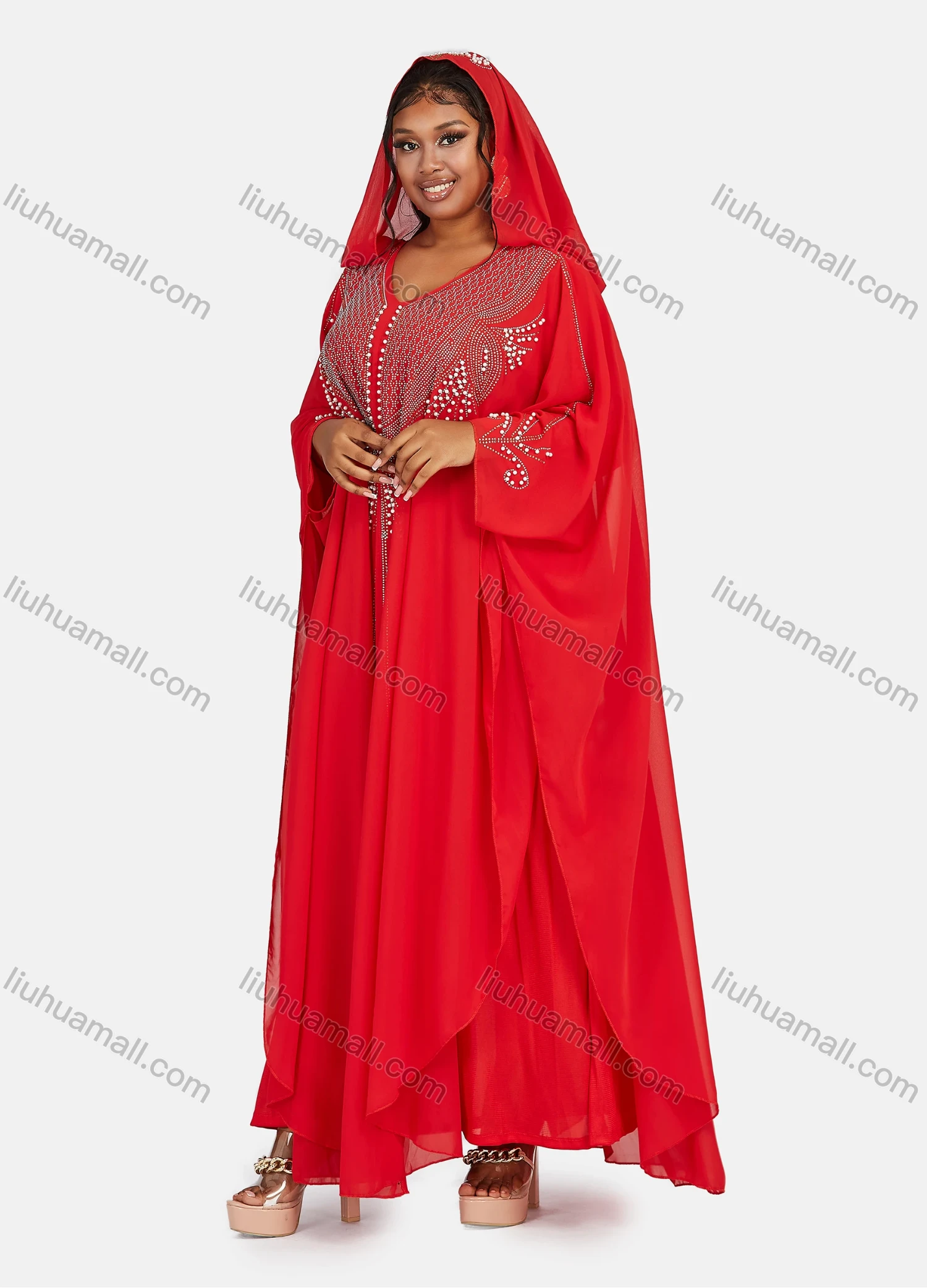 Wholesale Women's Chiffon Vintage Muslim Khimar Jellabiya Sequin Hooded Abaya Cloak - Liuhuamall