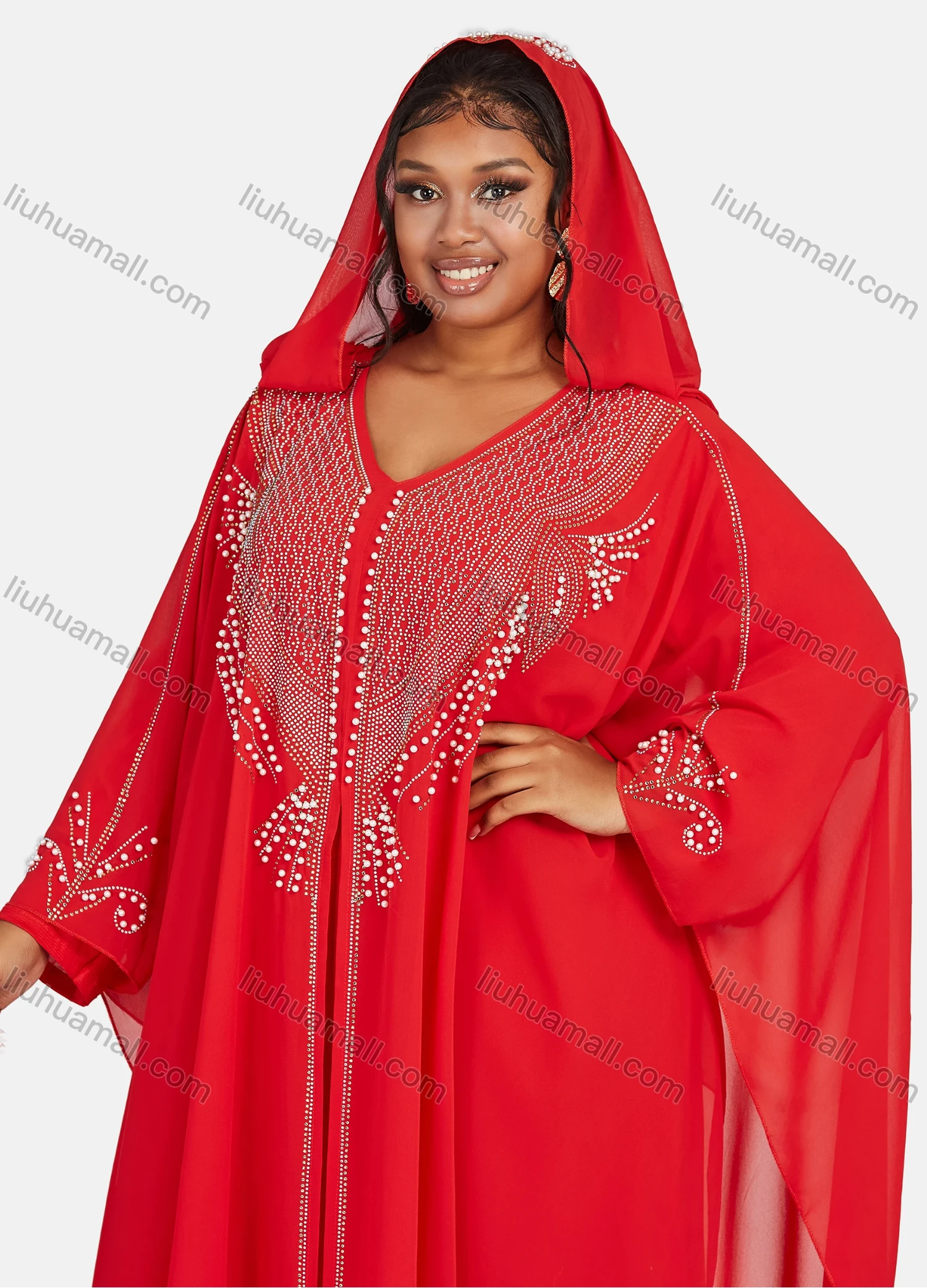 Wholesale Women's Chiffon Vintage Muslim Khimar Jellabiya Sequin Hooded Abaya Cloak - Liuhuamall
