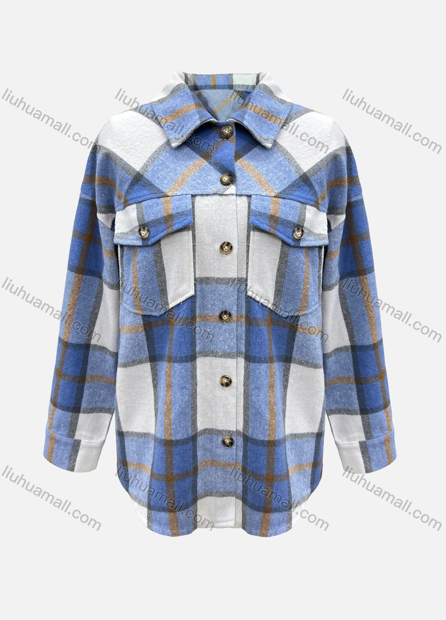 Wholesale Women's Casual Plaid Tartan Print Long Sleeve Flap Pockets Overshirt - Liuhuamall