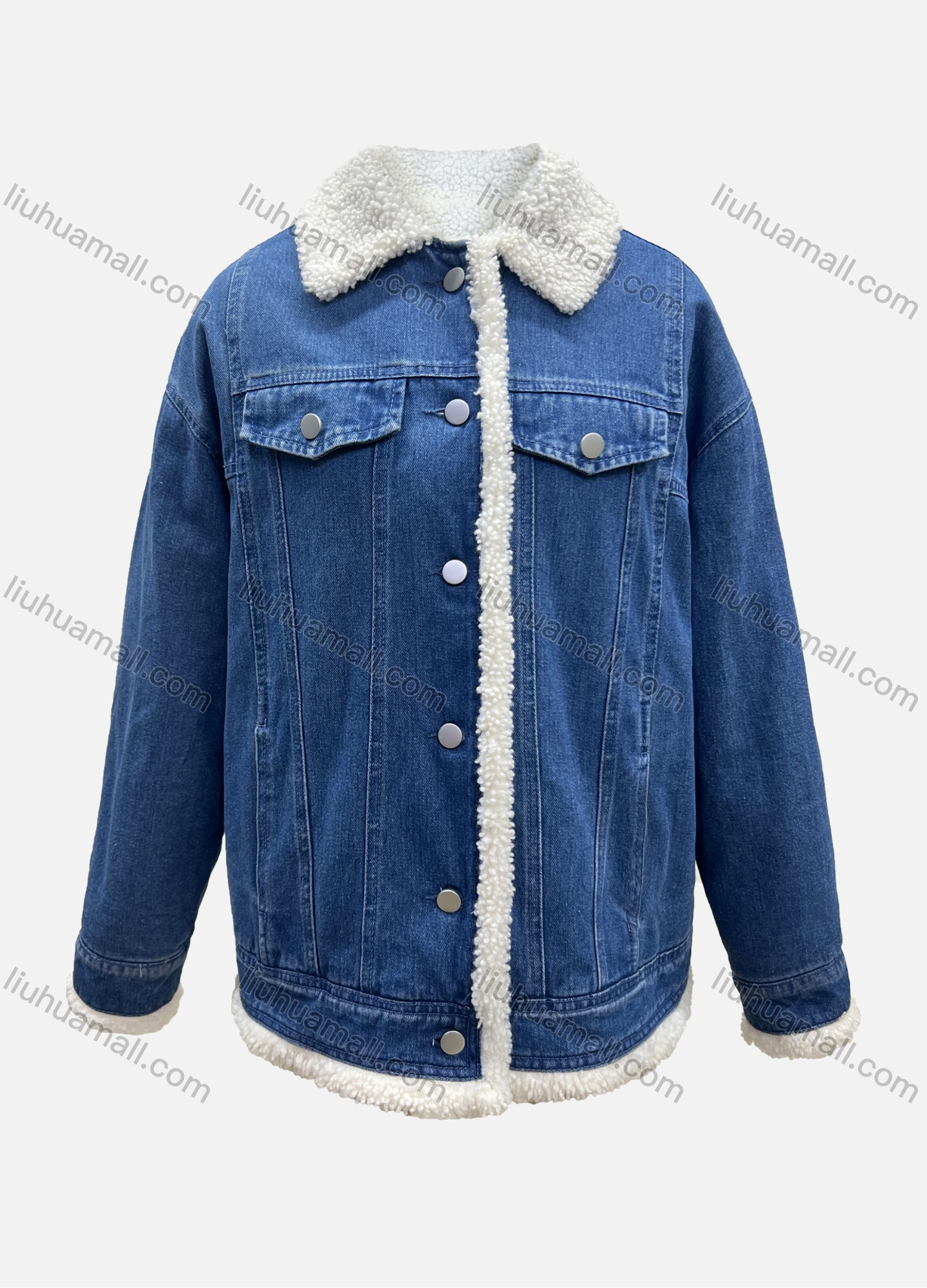 Wholesale Women's Casual Plain Button Down Fluff Fake Pocket Denim Jacket - Liuhuamall