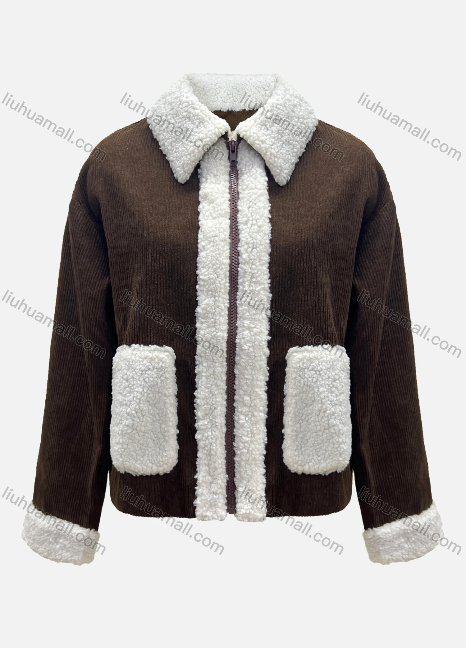 Wholesale Women's Casual Splicing Corduroy Fluff Long Sleeve Zipper Jacket - Liuhuamall