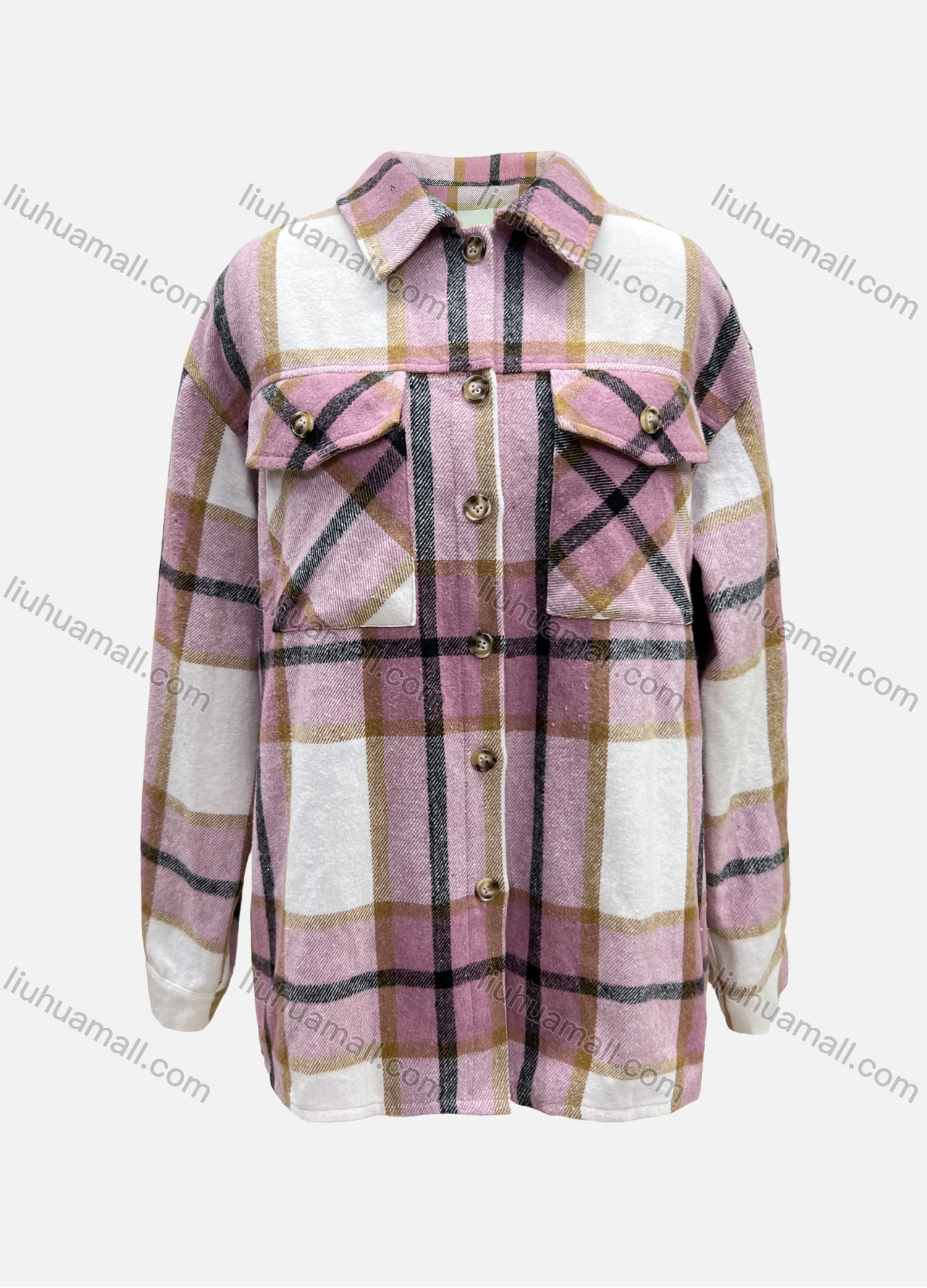 Wholesale Women's Casual Loose Fit Plaid Print Long Sleeve Flap Pockets Overshirt - Liuhuamall