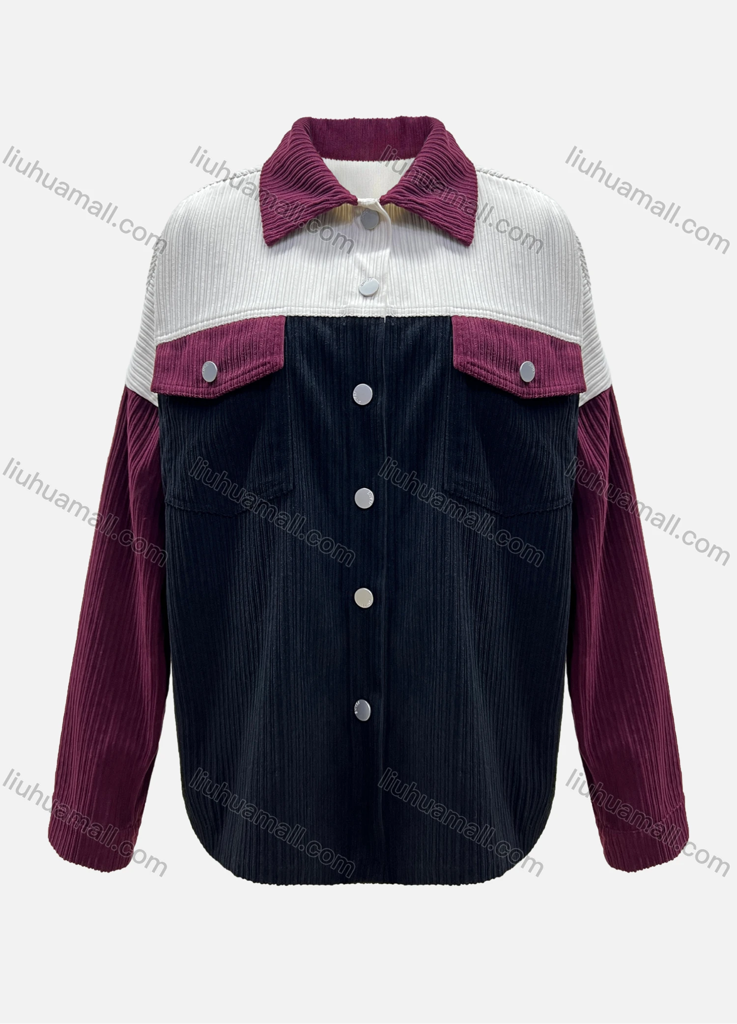 Wholesale Women's Casual Corduroy Colorblock Long Sleeve Flap Pockets Overshirt - Liuhuamall