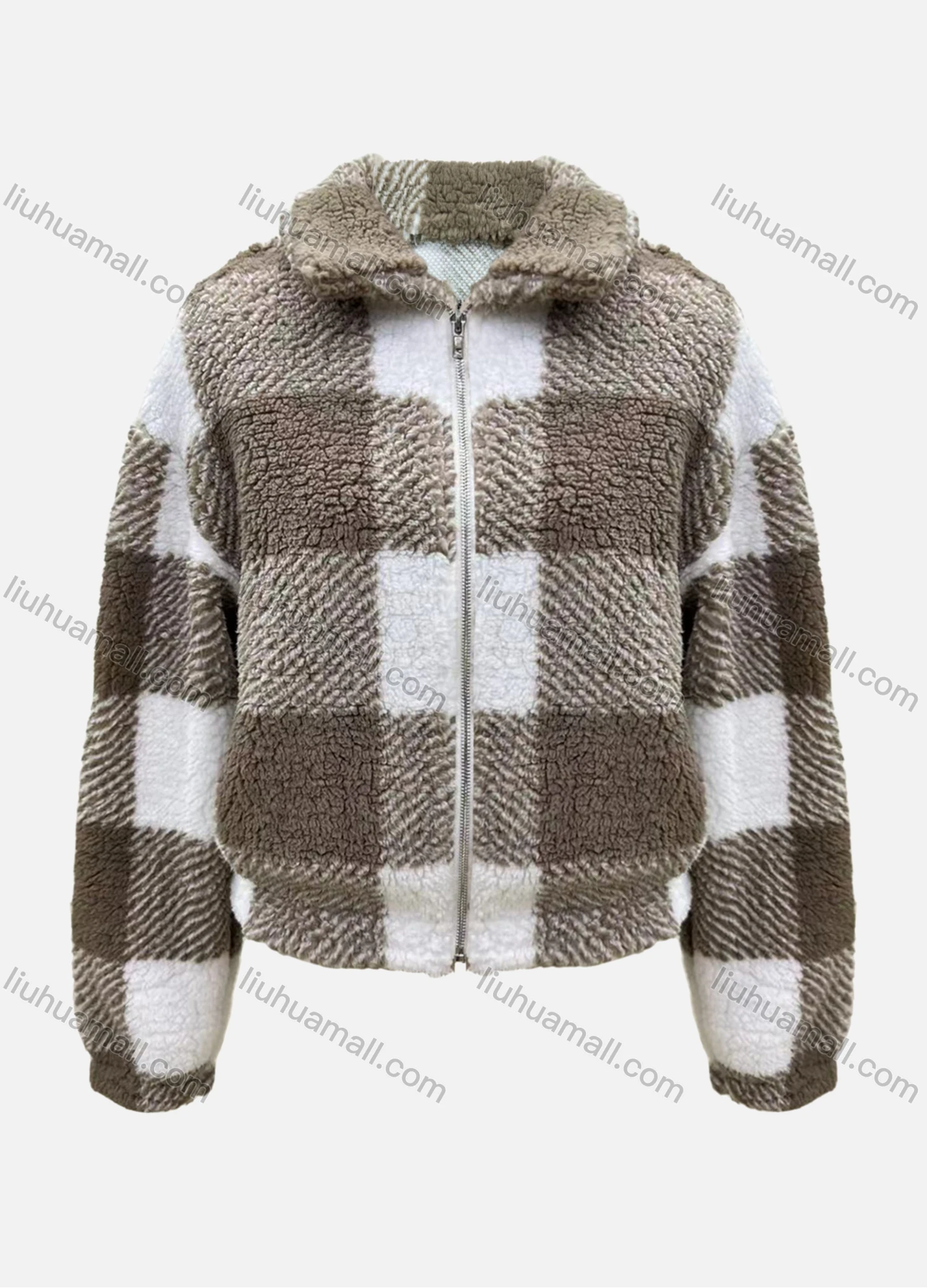 Wholesale Women's Casual Plaid Print Zipper Long Sleeve Crop Fluffy Jacket - Liuhuamall