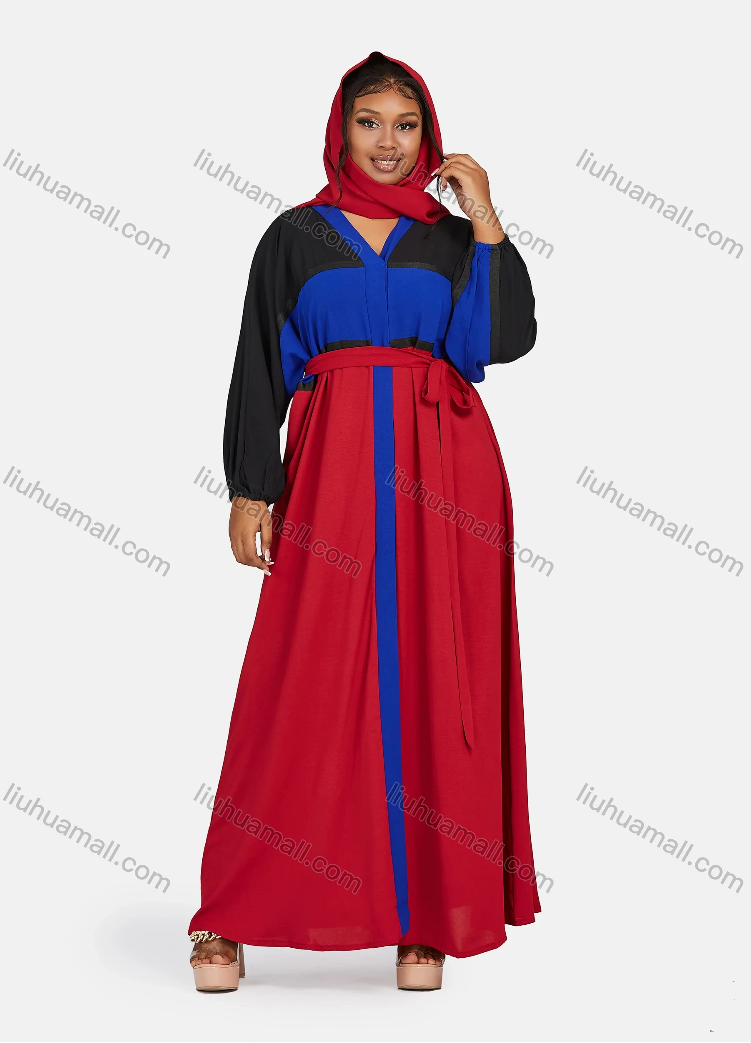 Wholesale Women's Vintage Muslim Islamic Long Sleeve Colorblock Maxi Abaya Dress With Belt - Liuhuamall