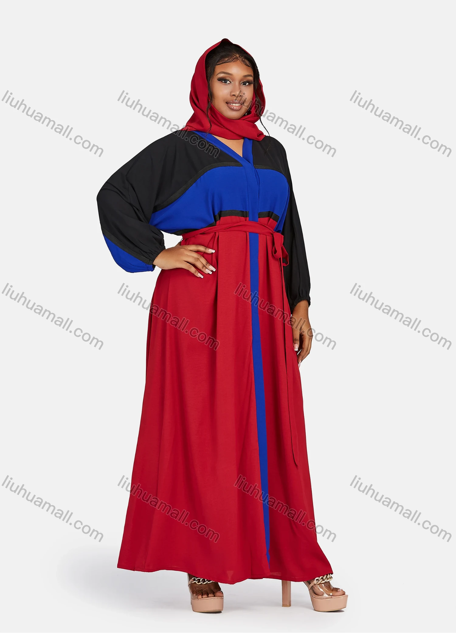 Wholesale Women's Vintage Muslim Islamic Long Sleeve Colorblock Maxi Abaya Dress With Belt - Liuhuamall