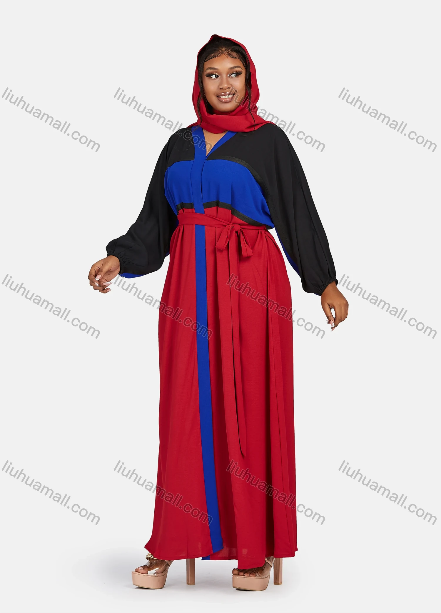 Wholesale Women's Vintage Muslim Islamic Long Sleeve Colorblock Maxi Abaya Dress With Belt - Liuhuamall
