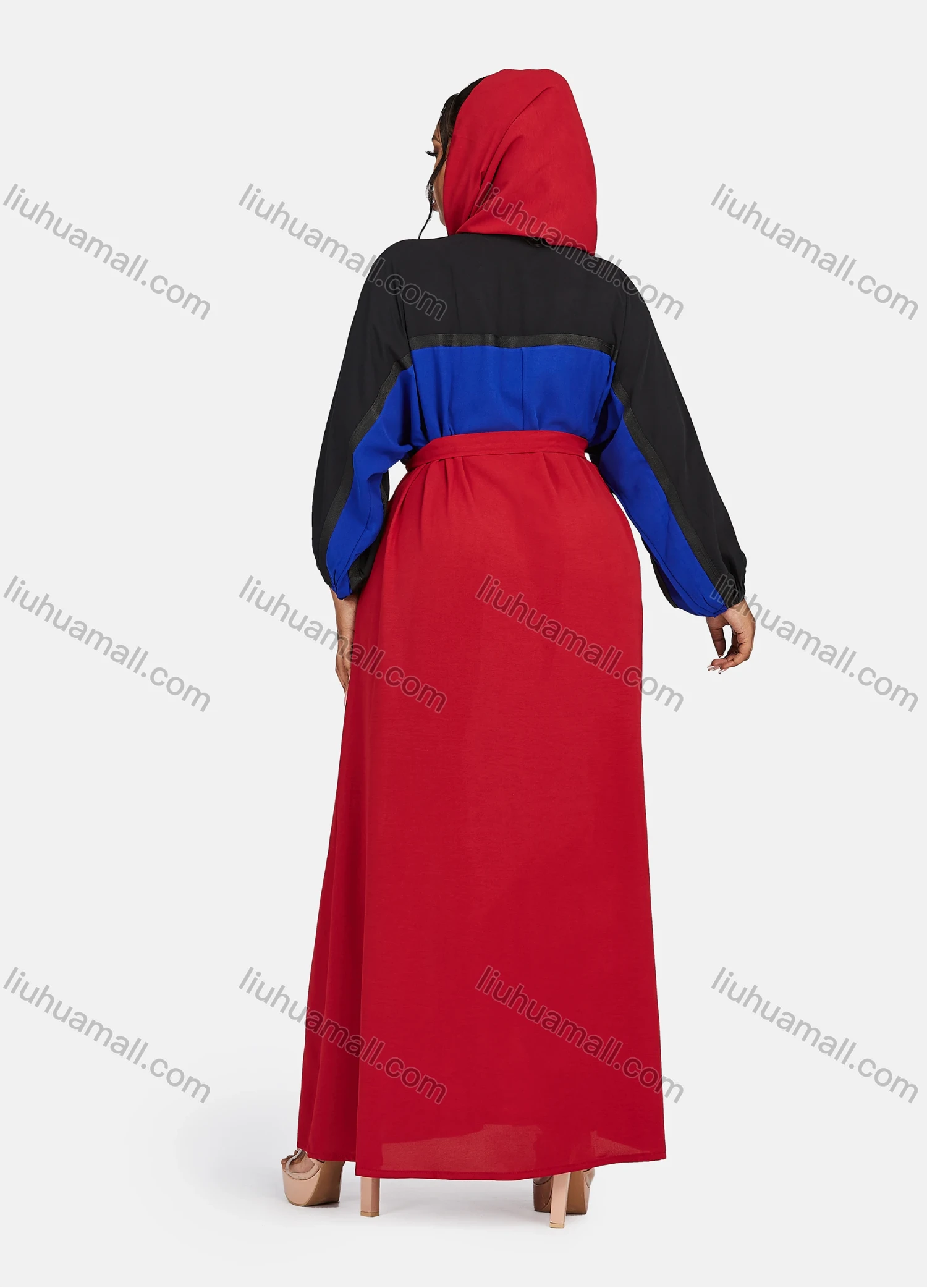 Wholesale Women's Vintage Muslim Islamic Long Sleeve Colorblock Maxi Abaya Dress With Belt - Liuhuamall