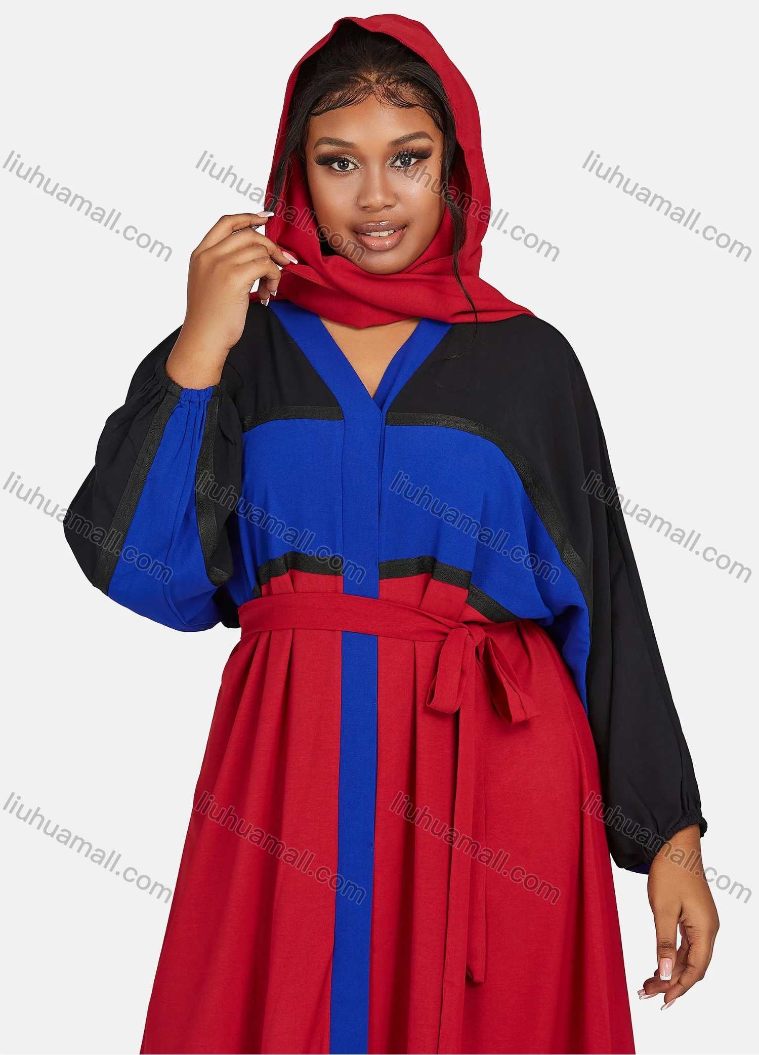 Wholesale Women's Vintage Muslim Islamic Long Sleeve Colorblock Maxi Abaya Dress With Belt - Liuhuamall