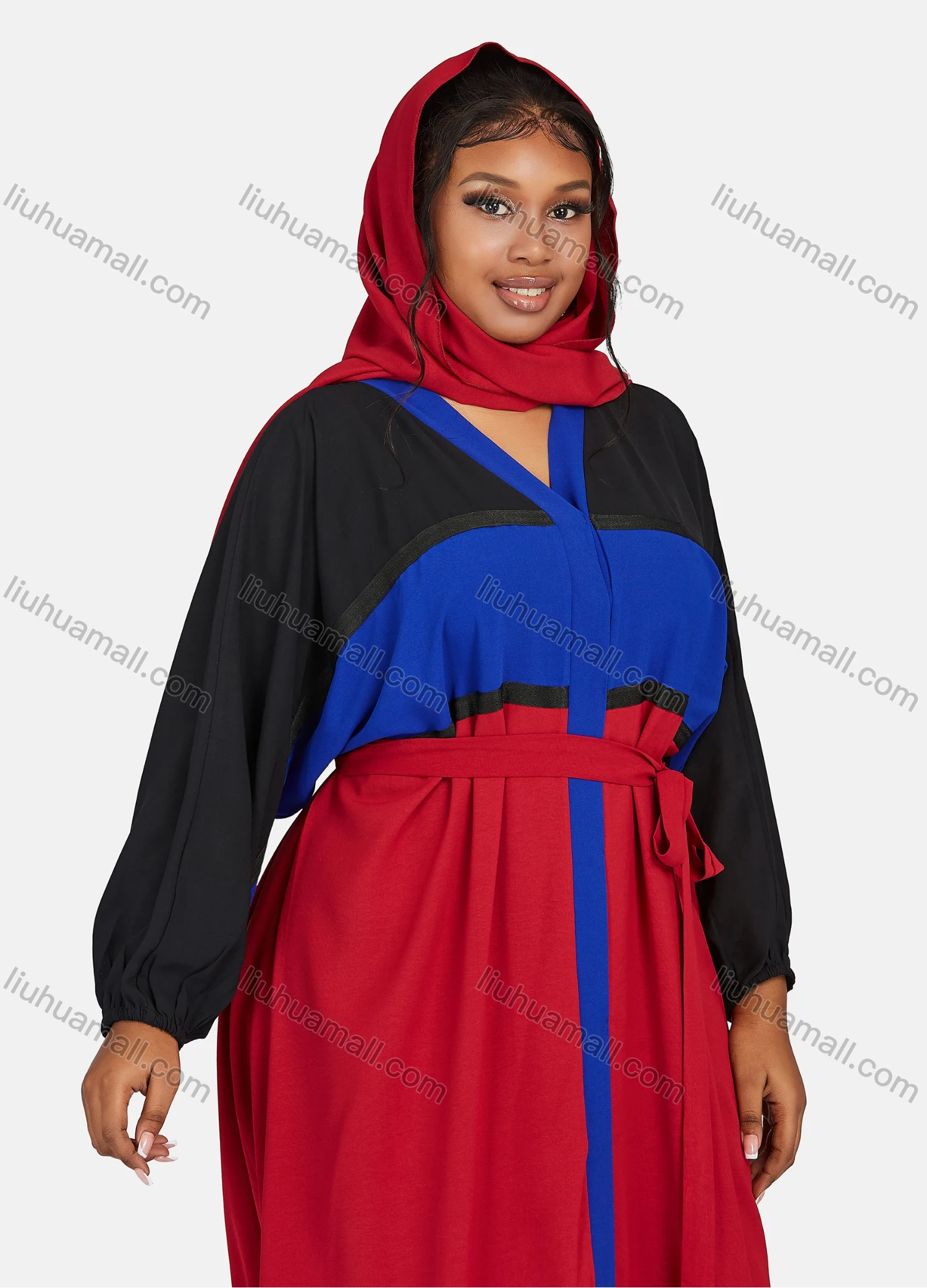 Wholesale Women's Vintage Muslim Islamic Long Sleeve Colorblock Maxi Abaya Dress With Belt - Liuhuamall