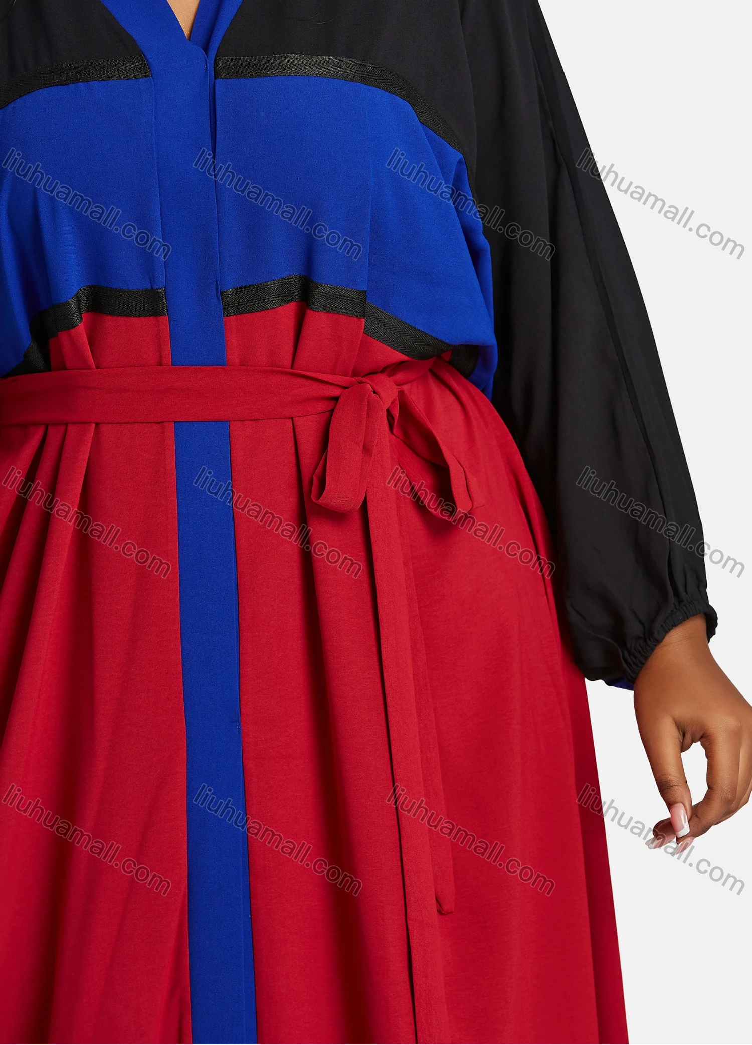 Wholesale Women's Vintage Muslim Islamic Long Sleeve Colorblock Maxi Abaya Dress With Belt - Liuhuamall