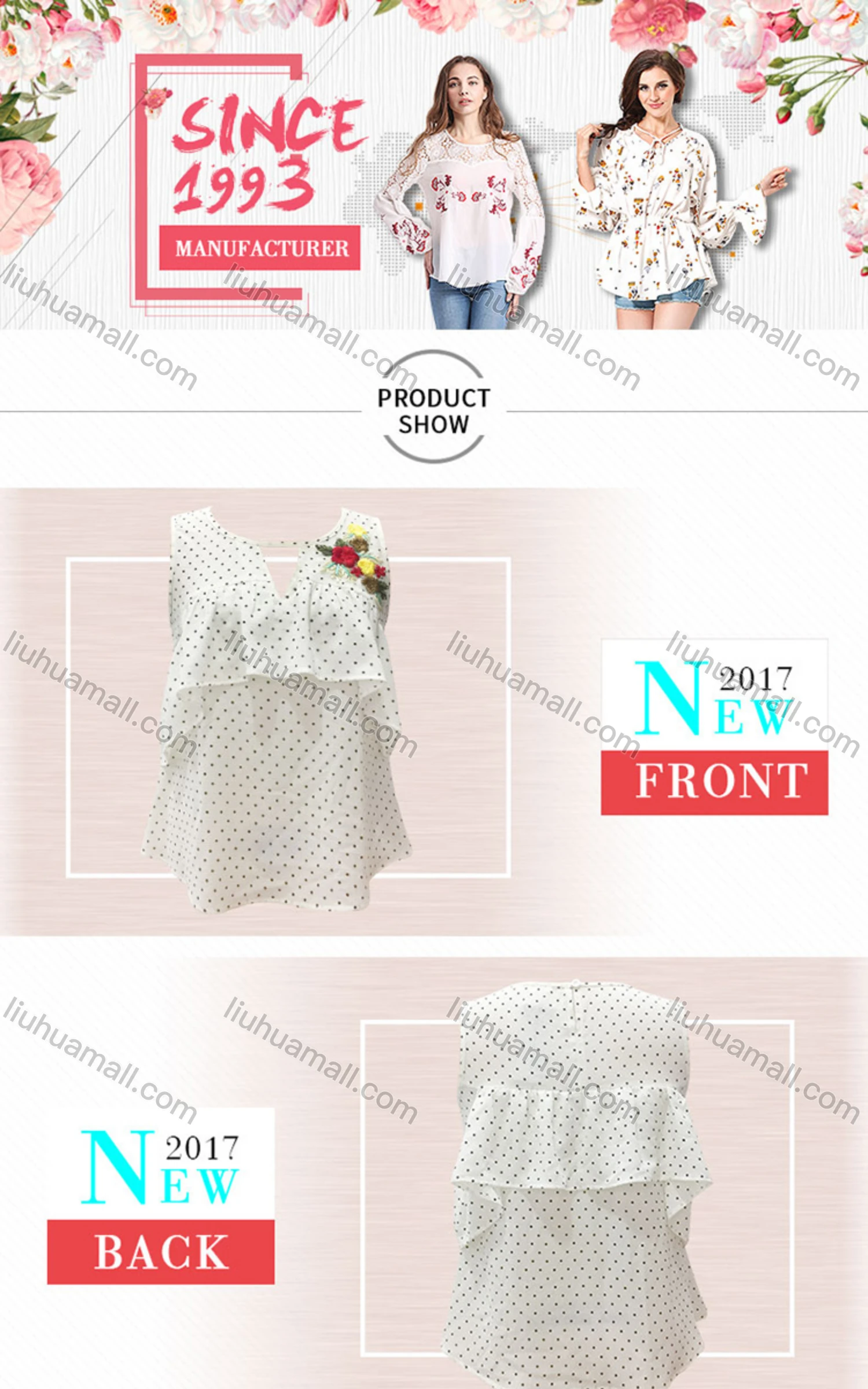 Wholesale Women's Casual Polka Dot Round Neck Cut Out Floral Embroidery Ruffle Trim Tank Top - Liuhuamall