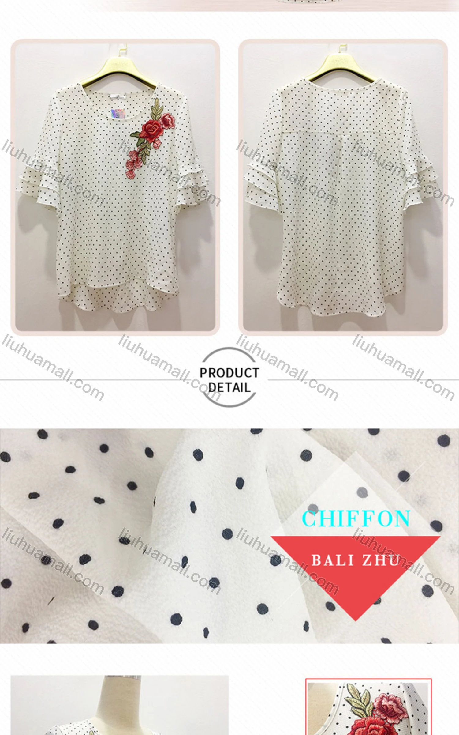 Wholesale Women's Casual Polka Dot Floral Embroidery Round Neck Layered Sleeve Blouse - Liuhuamall