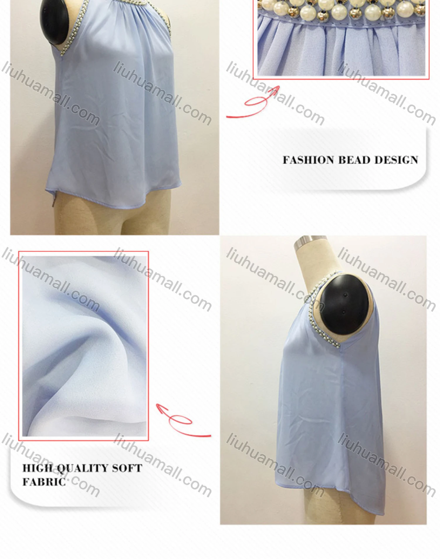 Wholesale Women's Casual Plain Round Neck Pearl Decor Keyhole Ruched Tank Top - Liuhuamall