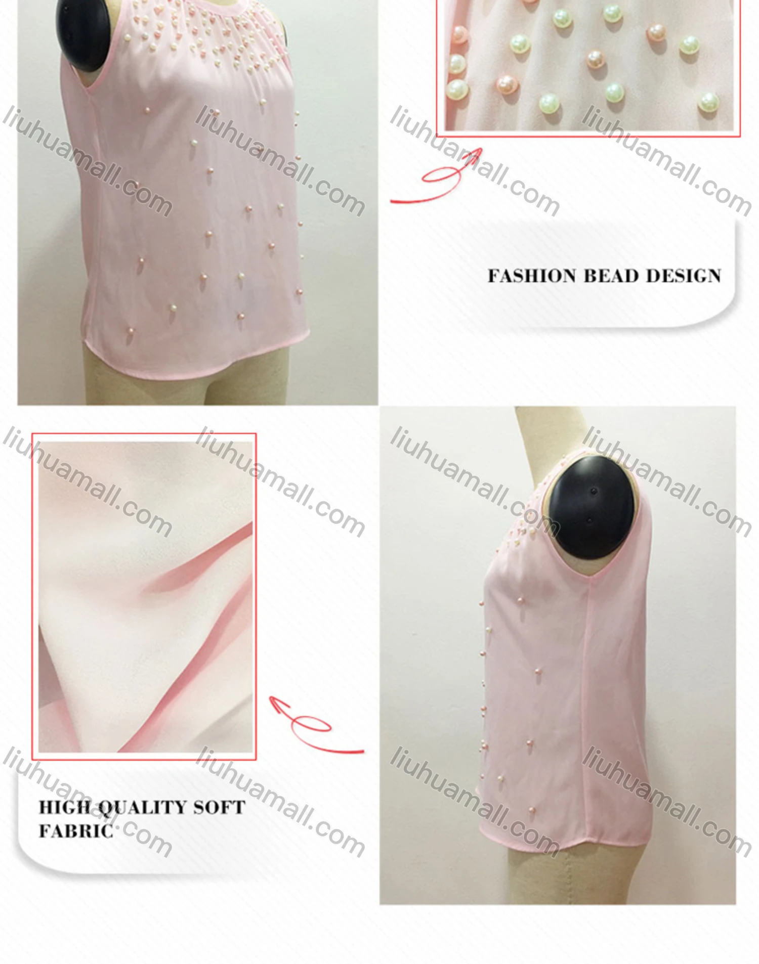 Wholesale Women's Casual Plain Round Neck Pearl Decor Keyhole Ruched Tank Top - Liuhuamall