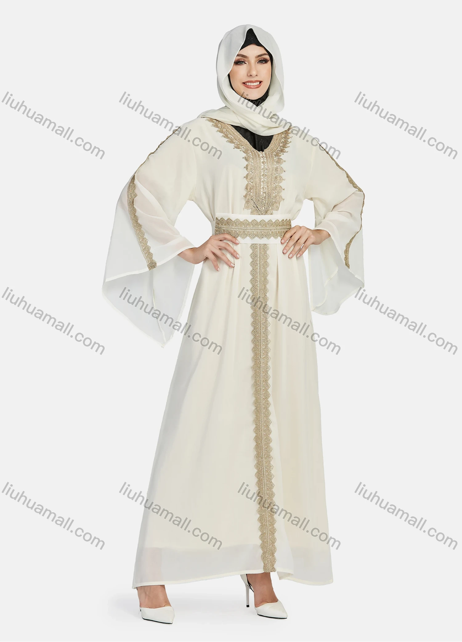 Wholesale Women's Chiffon Muslim Vintage Bell Sleeve Embroidery Maxi Abaya Dress With Belt - Liuhuamall