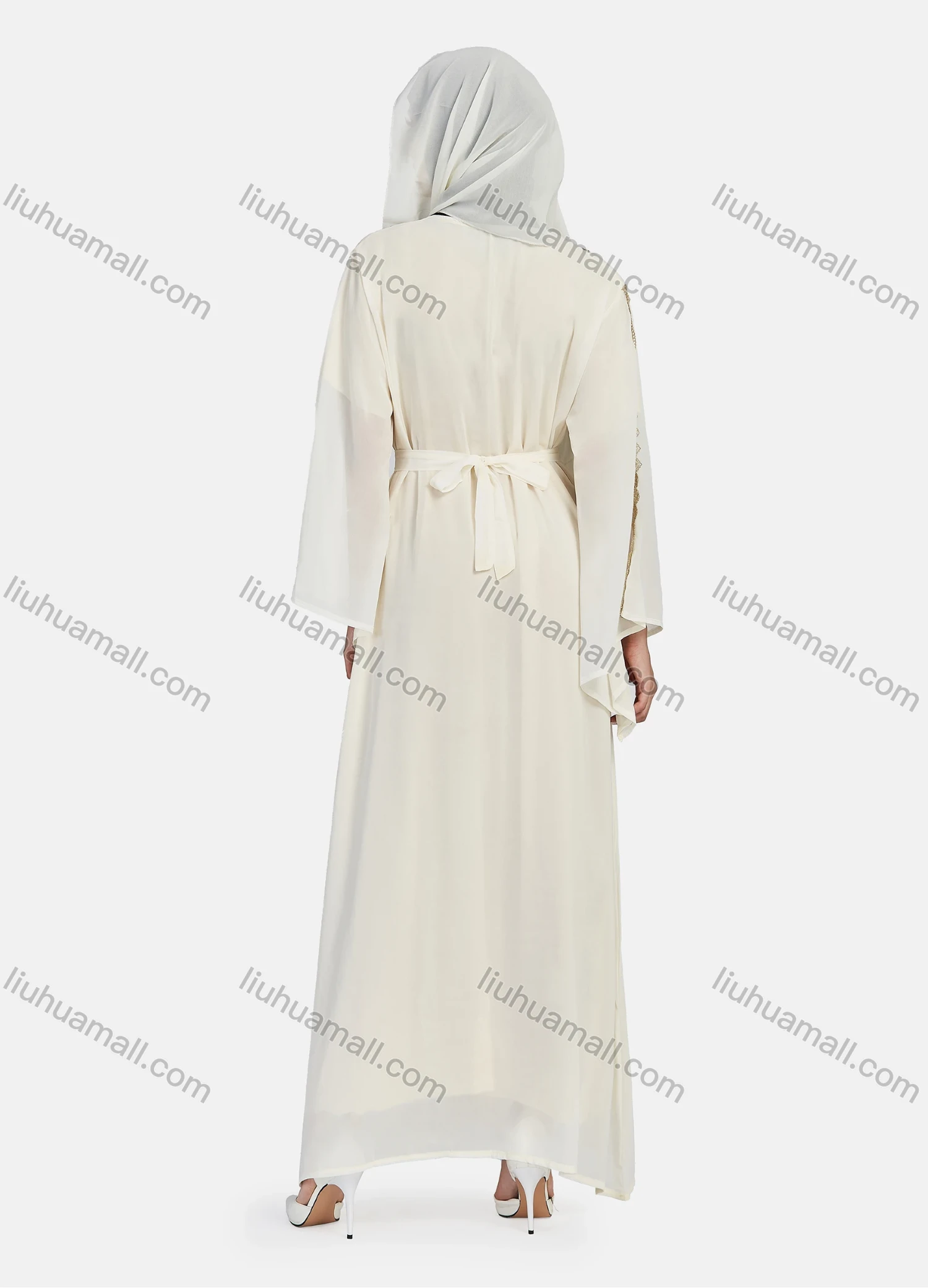 Wholesale Women's Chiffon Muslim Vintage Bell Sleeve Embroidery Maxi Abaya Dress With Belt - Liuhuamall