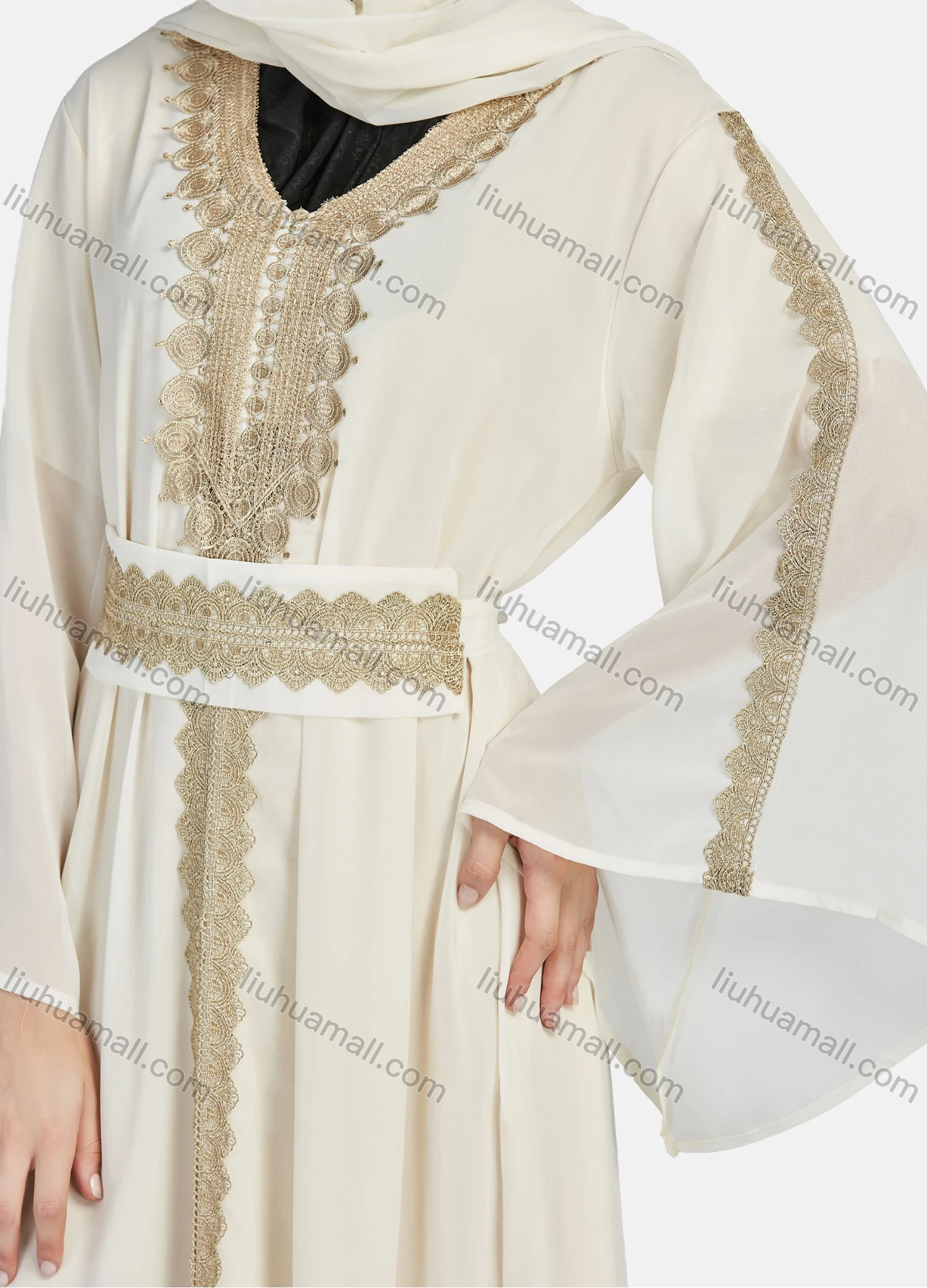 Wholesale Women's Chiffon Muslim Vintage Bell Sleeve Embroidery Maxi Abaya Dress With Belt - Liuhuamall