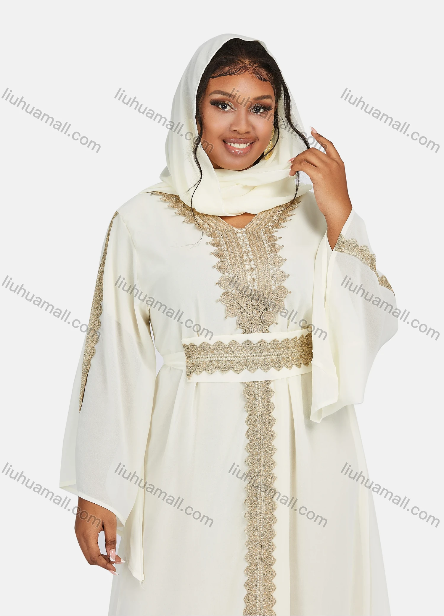 Wholesale Women's Chiffon Muslim Vintage Bell Sleeve Embroidery Maxi Abaya Dress With Belt - Liuhuamall