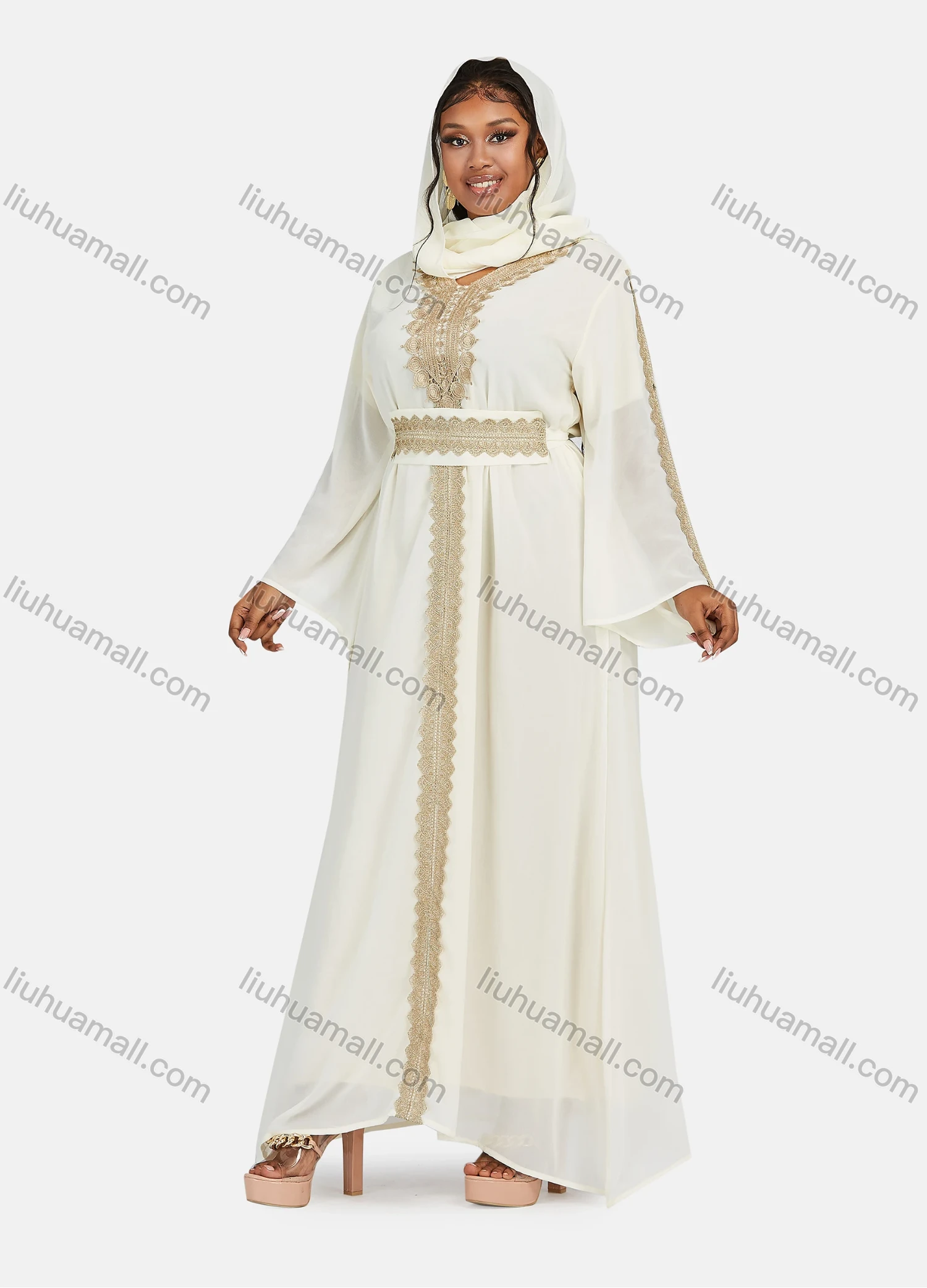 Wholesale Women's Chiffon Muslim Vintage Bell Sleeve Embroidery Maxi Abaya Dress With Belt - Liuhuamall