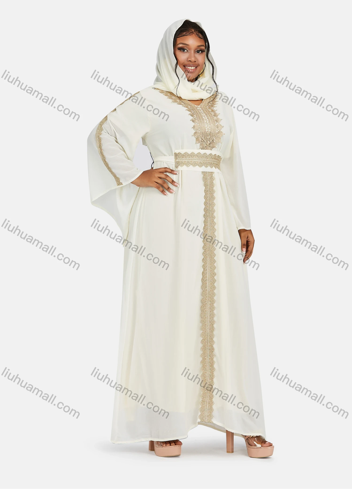 Wholesale Women's Chiffon Muslim Vintage Bell Sleeve Embroidery Maxi Abaya Dress With Belt - Liuhuamall