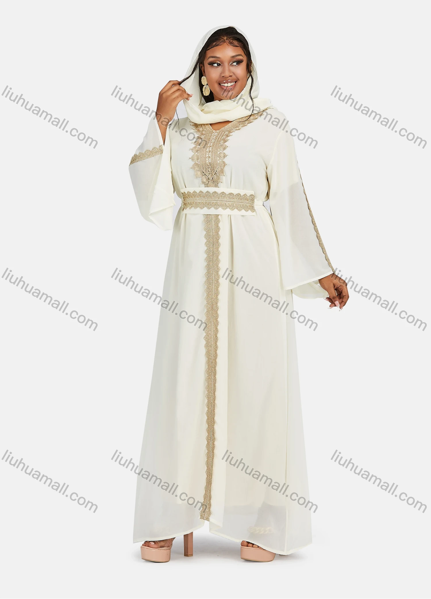 Wholesale Women's Chiffon Muslim Vintage Bell Sleeve Embroidery Maxi Abaya Dress With Belt - Liuhuamall