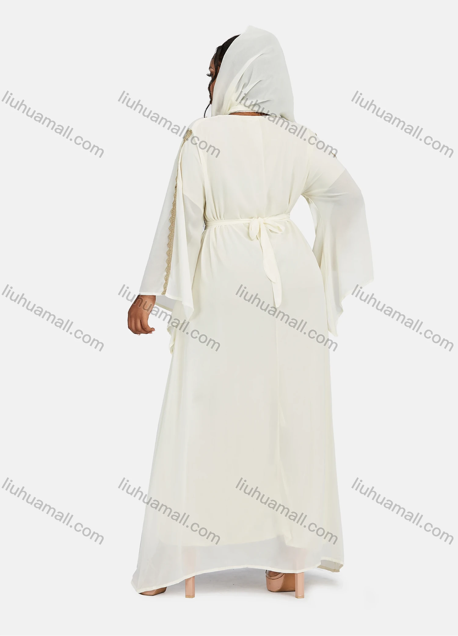 Wholesale Women's Chiffon Muslim Vintage Bell Sleeve Embroidery Maxi Abaya Dress With Belt - Liuhuamall