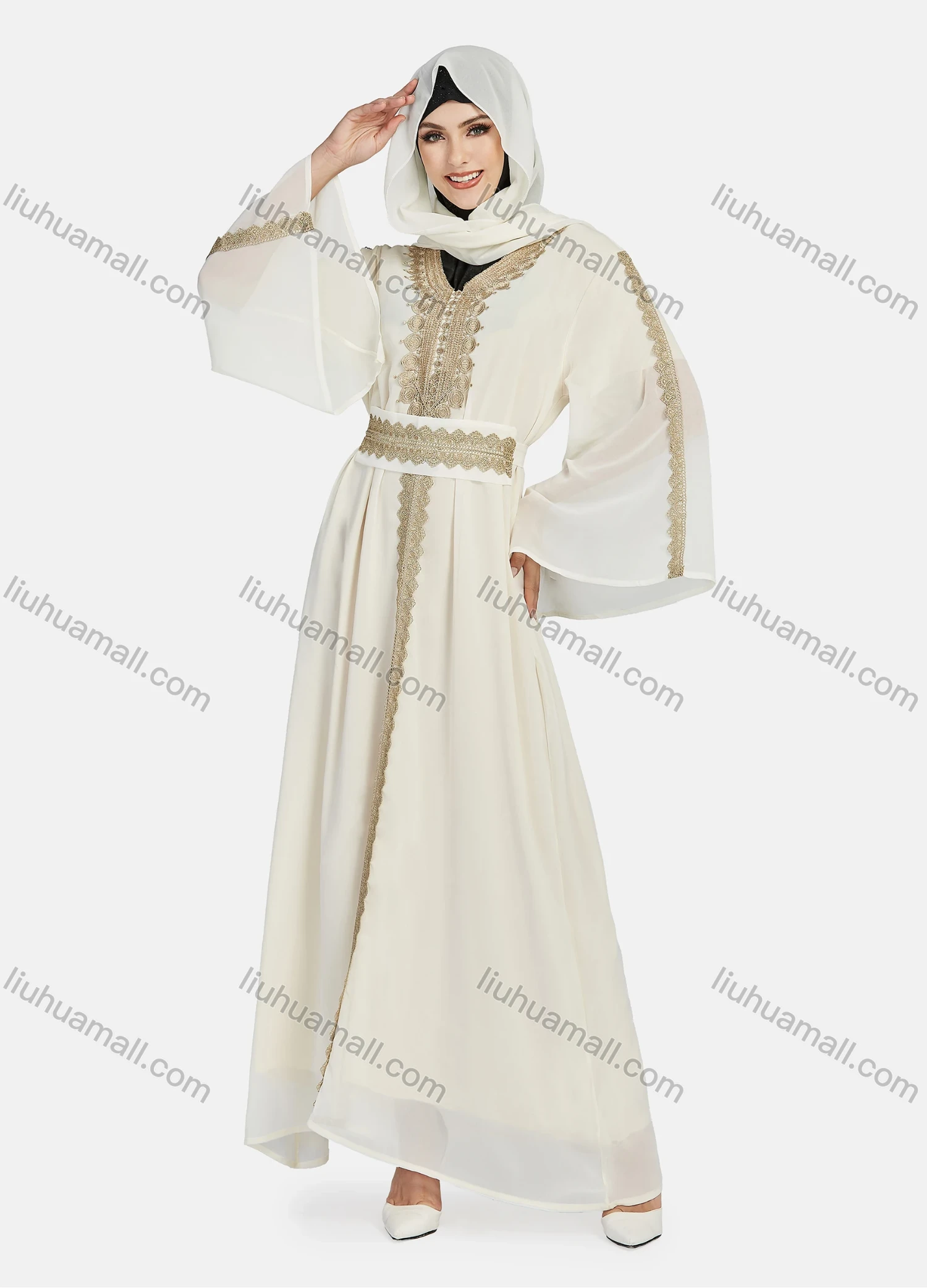 Wholesale Women's Chiffon Muslim Vintage Bell Sleeve Embroidery Maxi Abaya Dress With Belt - Liuhuamall