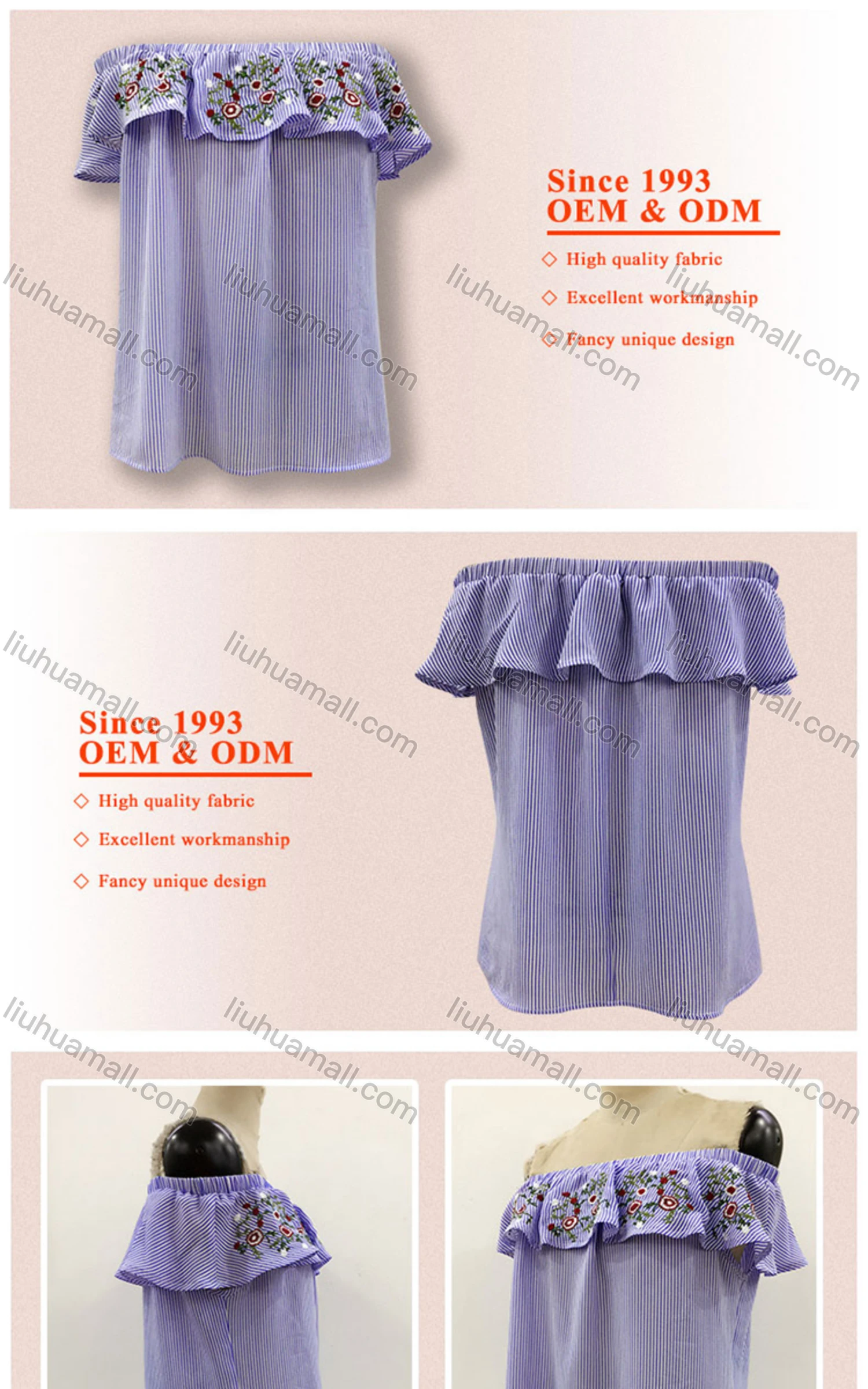 Wholesale Women's Casual Striped Floral Embroidery Off Shoulder Blouse - Liuhuamall