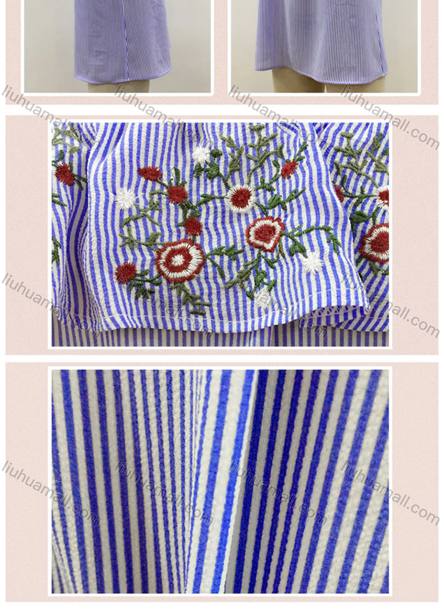 Wholesale Women's Casual Striped Floral Embroidery Off Shoulder Blouse - Liuhuamall
