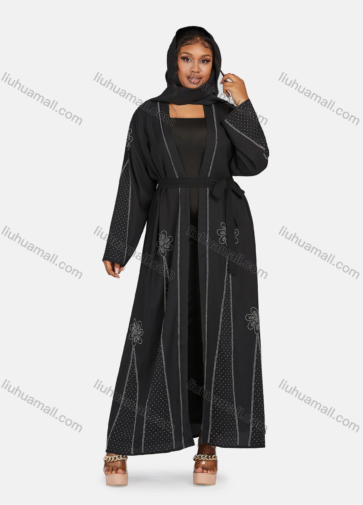 Wholesale Women's Muslim Islamic Long Sleeve Rhinestone Maxi Abaya Dress With Belt - Liuhuamall