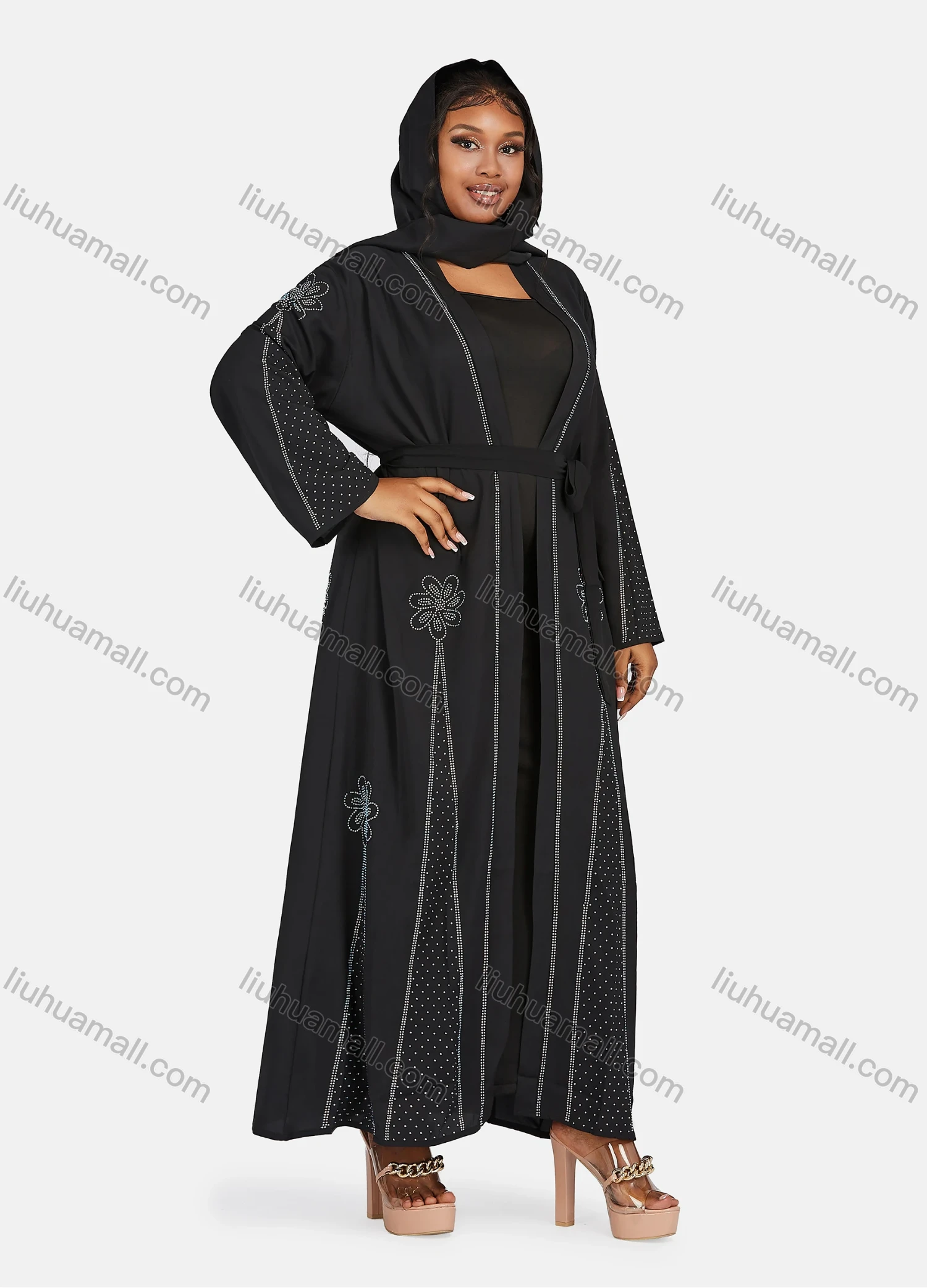 Wholesale Women's Muslim Islamic Long Sleeve Rhinestone Maxi Abaya Dress With Belt - Liuhuamall