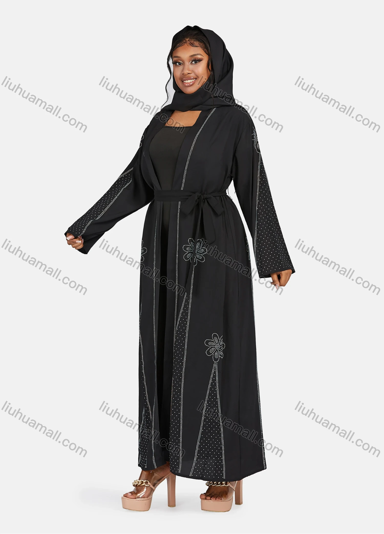 Wholesale Women's Muslim Islamic Long Sleeve Rhinestone Maxi Abaya Dress With Belt - Liuhuamall