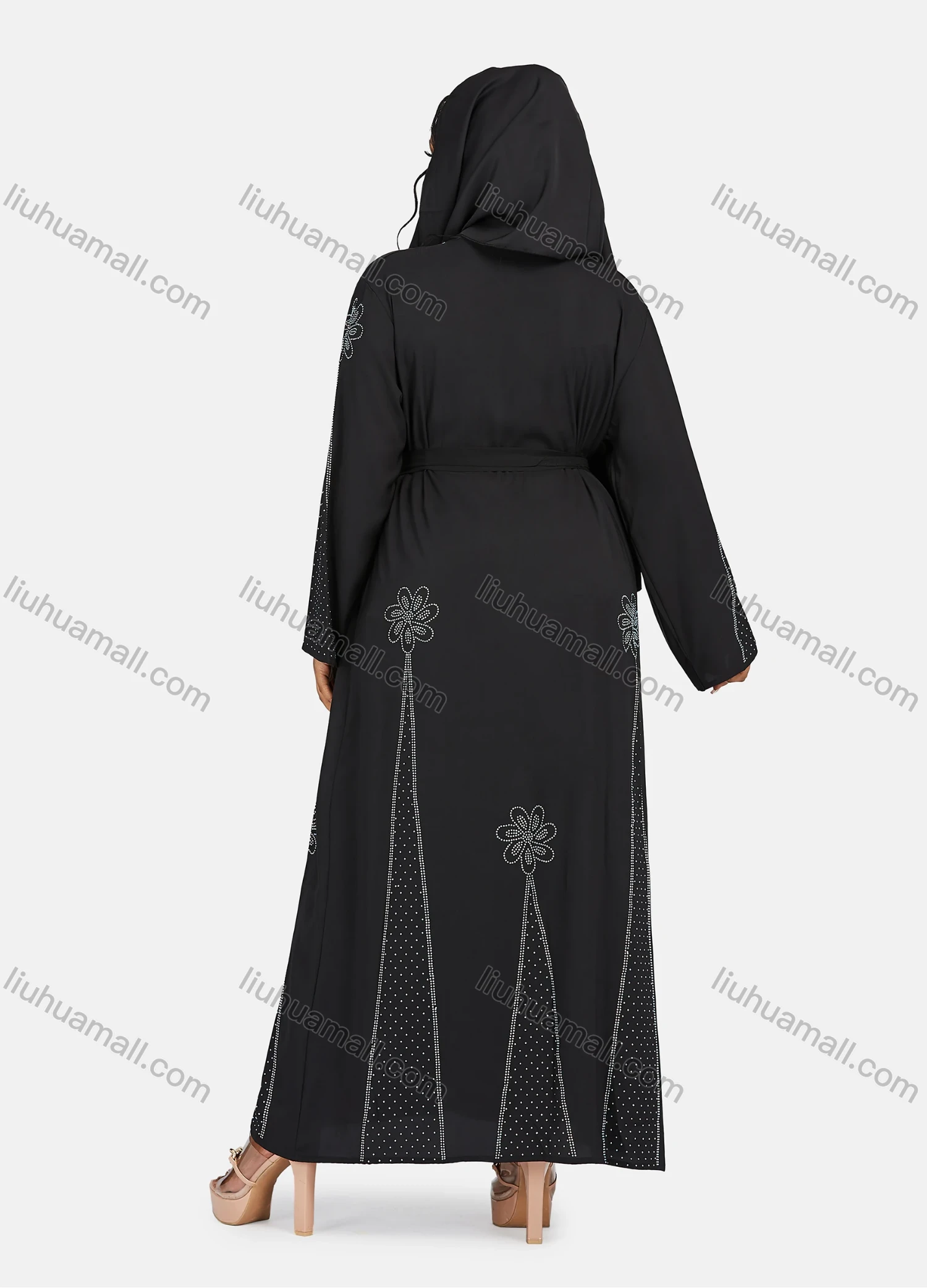Wholesale Women's Muslim Islamic Long Sleeve Rhinestone Maxi Abaya Dress With Belt - Liuhuamall