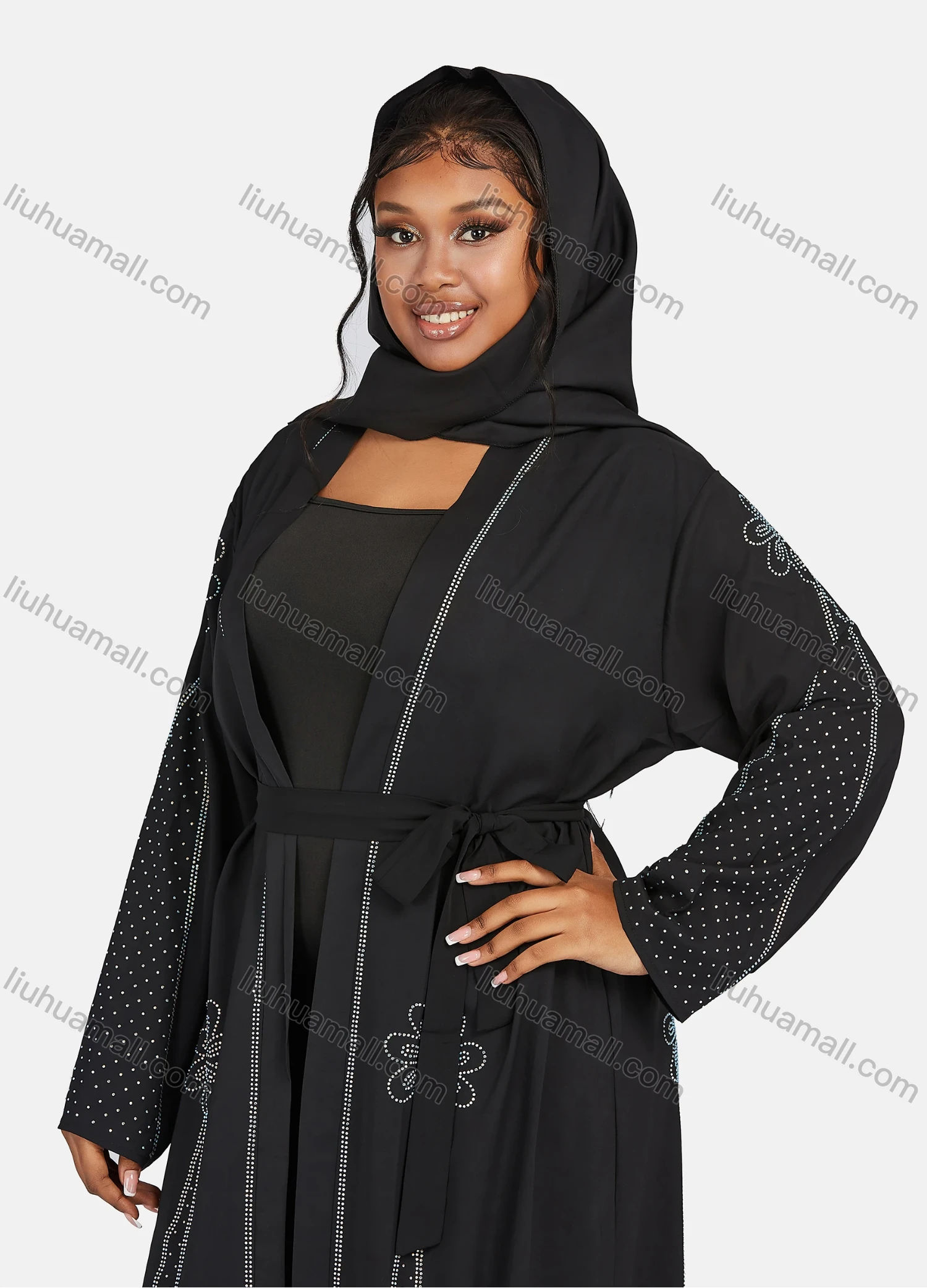 Wholesale Women's Muslim Islamic Long Sleeve Rhinestone Maxi Abaya Dress With Belt - Liuhuamall