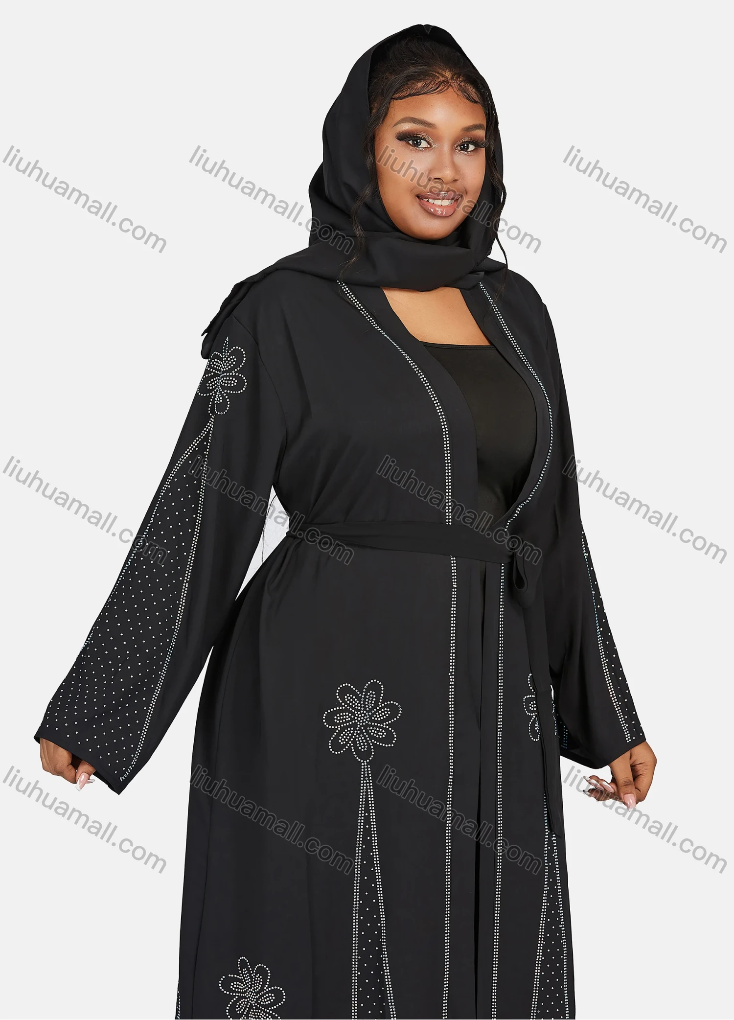 Wholesale Women's Muslim Islamic Long Sleeve Rhinestone Maxi Abaya Dress With Belt - Liuhuamall