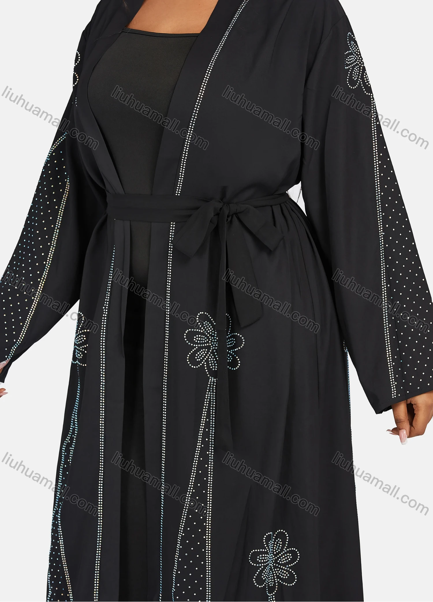 Wholesale Women's Muslim Islamic Long Sleeve Rhinestone Maxi Abaya Dress With Belt - Liuhuamall
